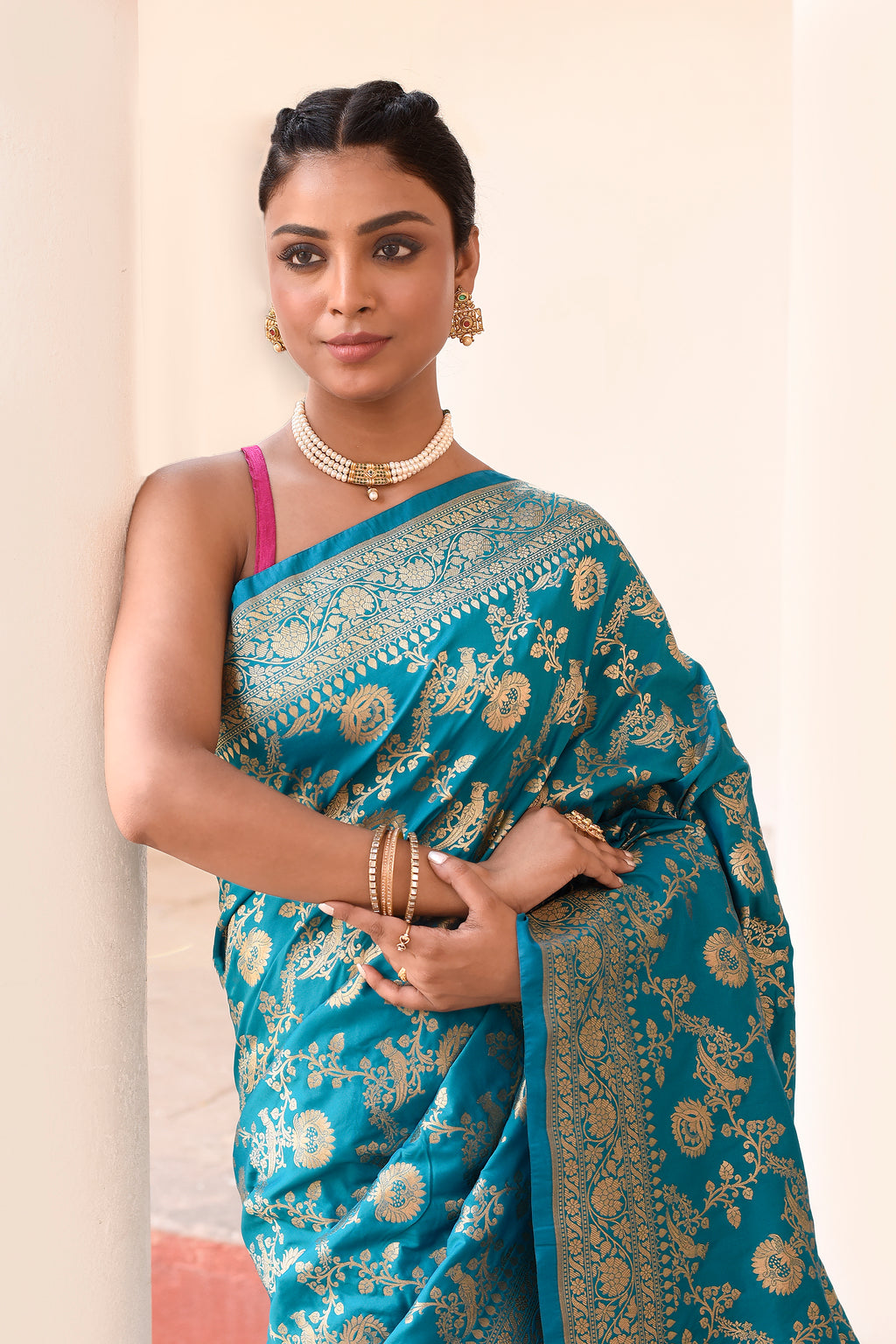 Aqua Blue Banarasi Soft Silk Saree