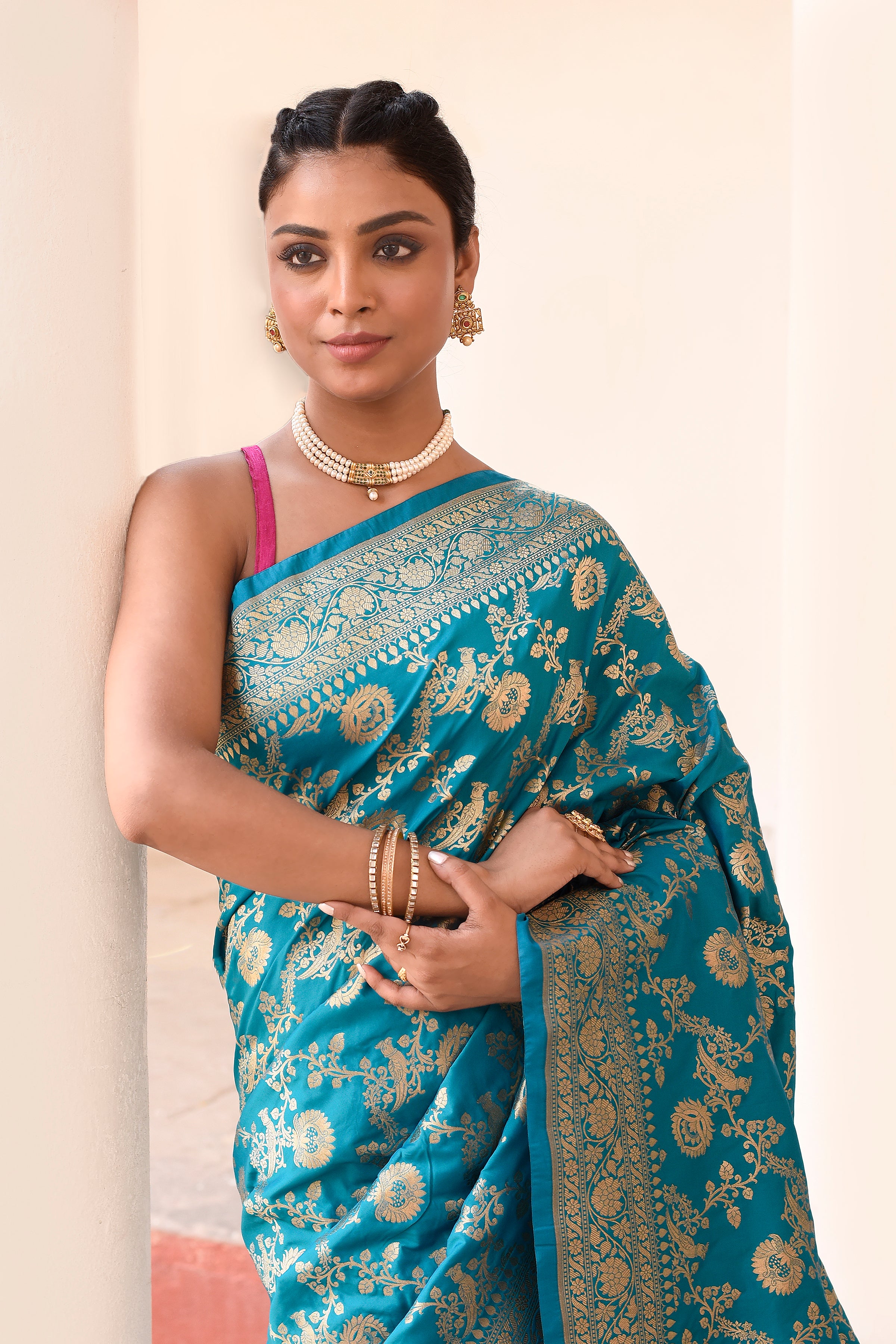 Aqua Blue Banarasi Soft Silk Saree