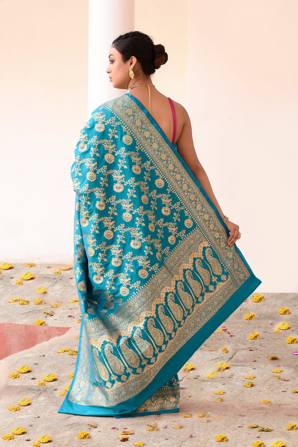 Aqua Blue Banarasi Soft Silk Saree