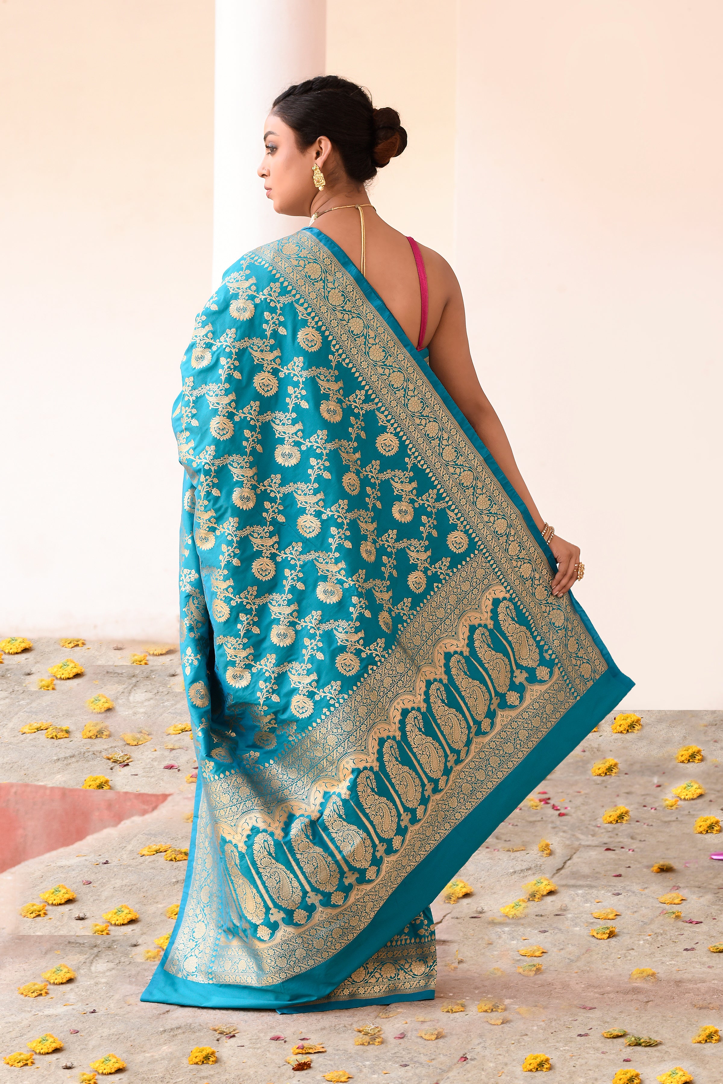 Aqua Blue Banarasi Soft Silk Saree