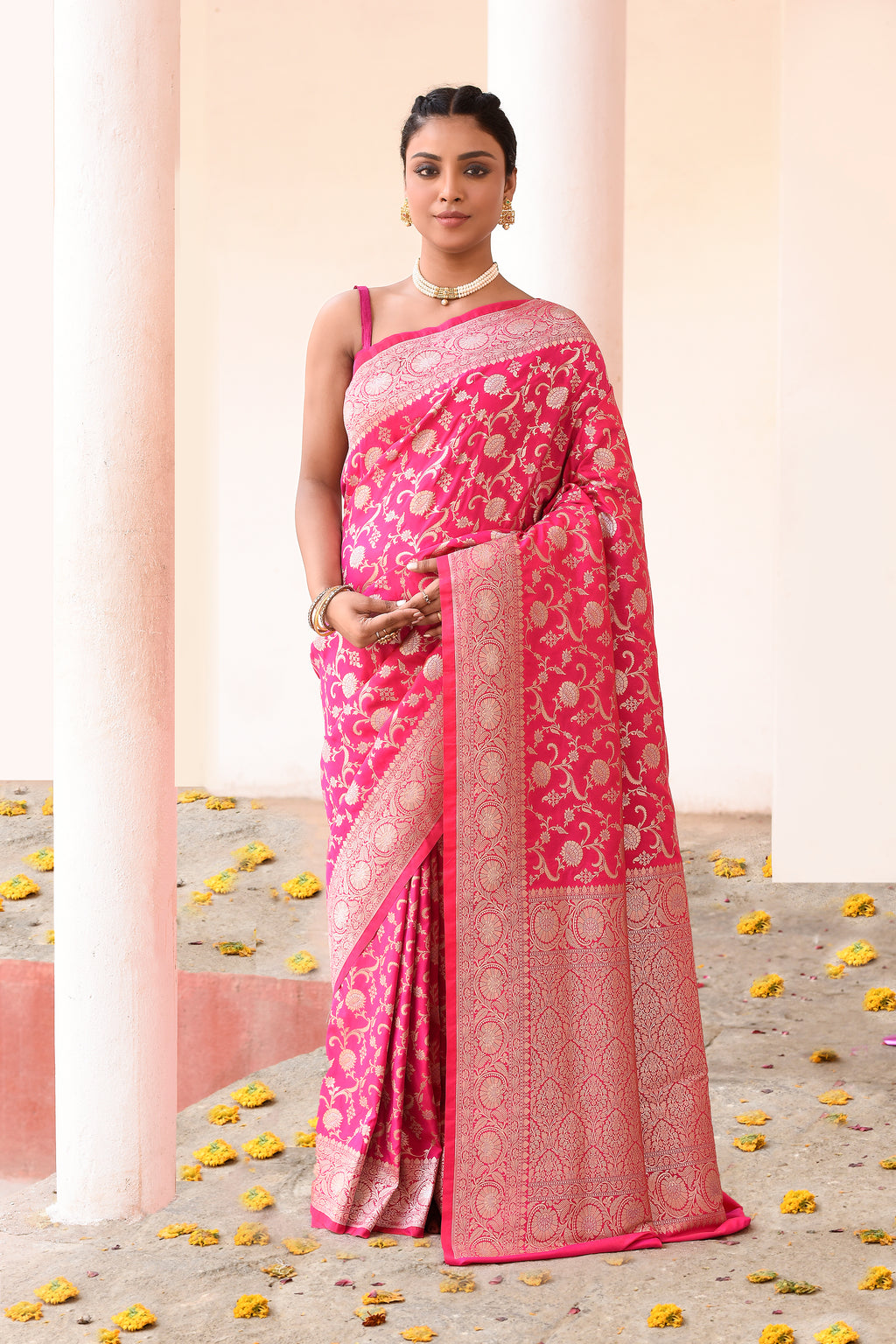 Hot Pink Banarasi Soft Silk Saree