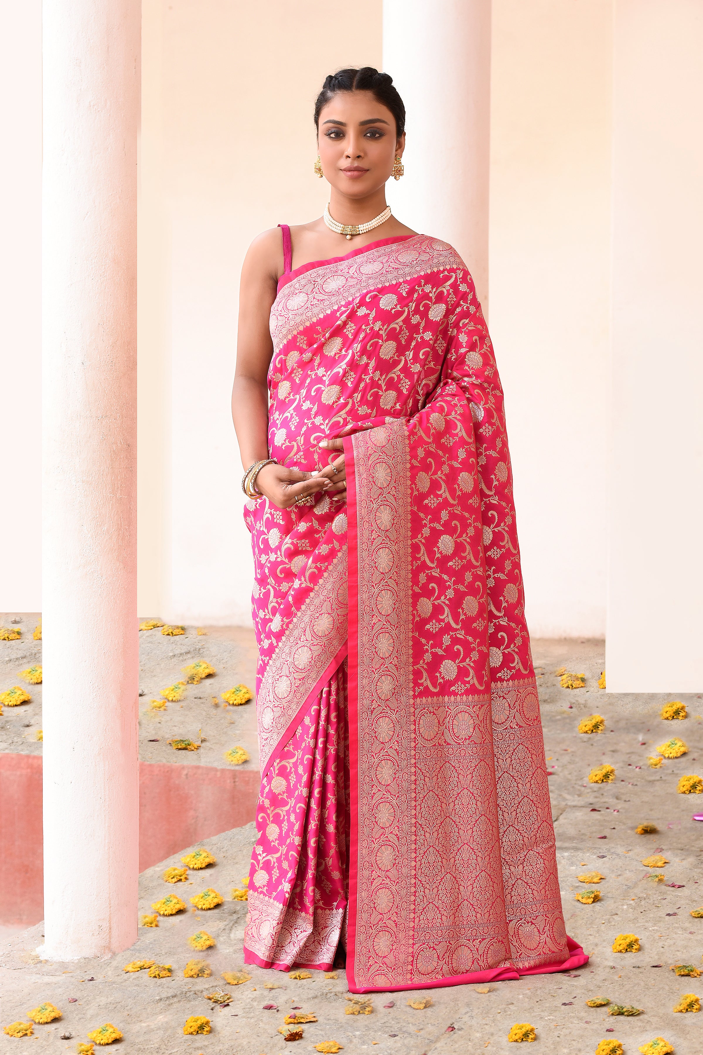 Hot Pink Banarasi Soft Silk Saree