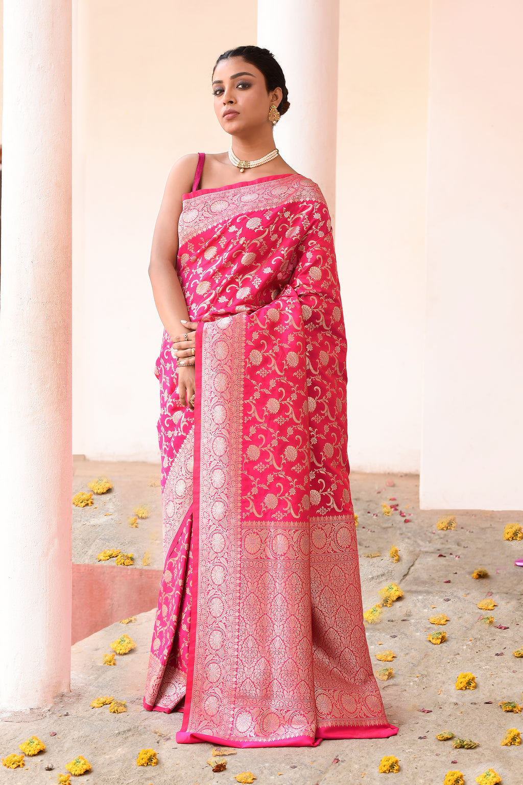 Hot Pink Banarasi Soft Silk Saree