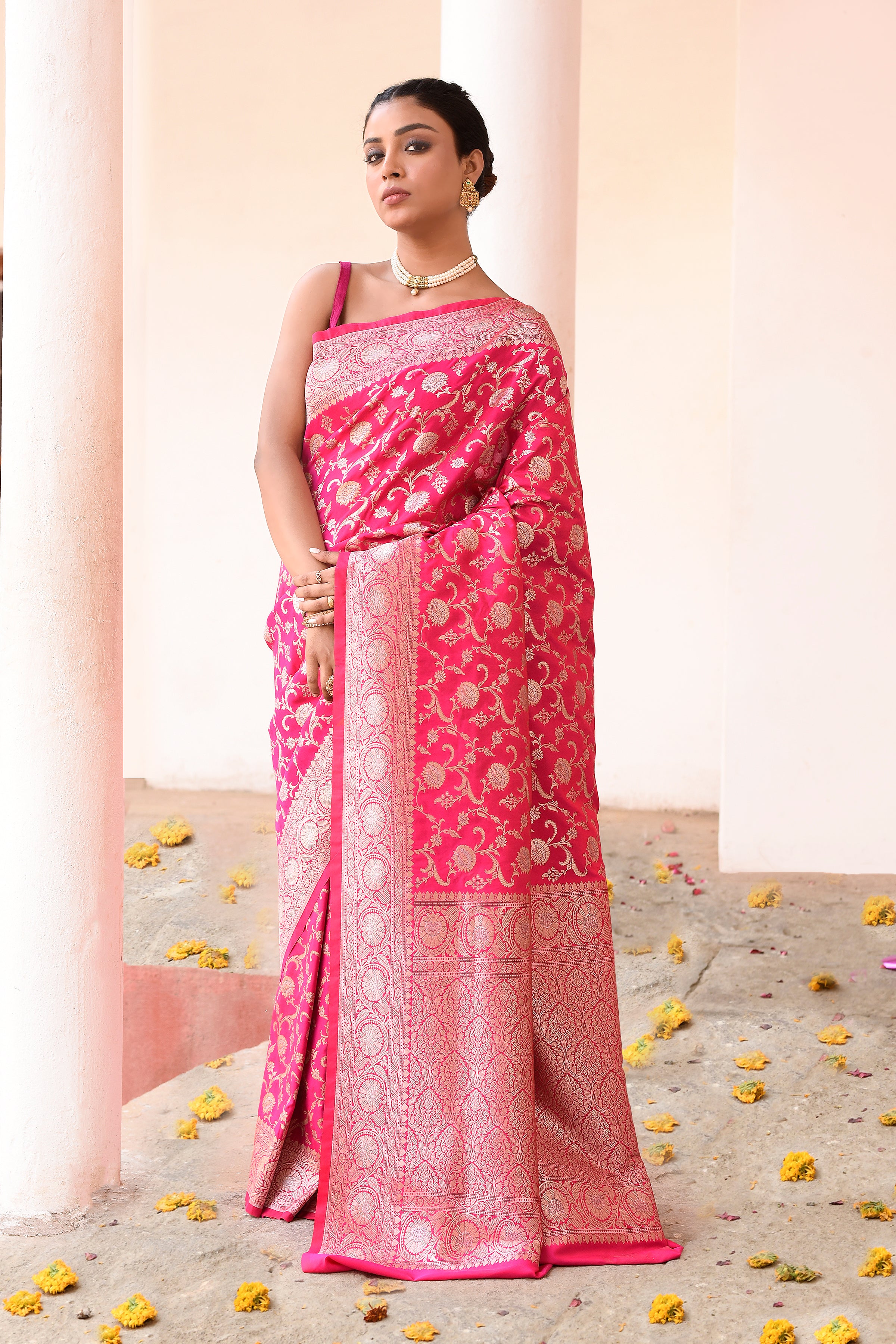 Hot Pink Banarasi Soft Silk Saree