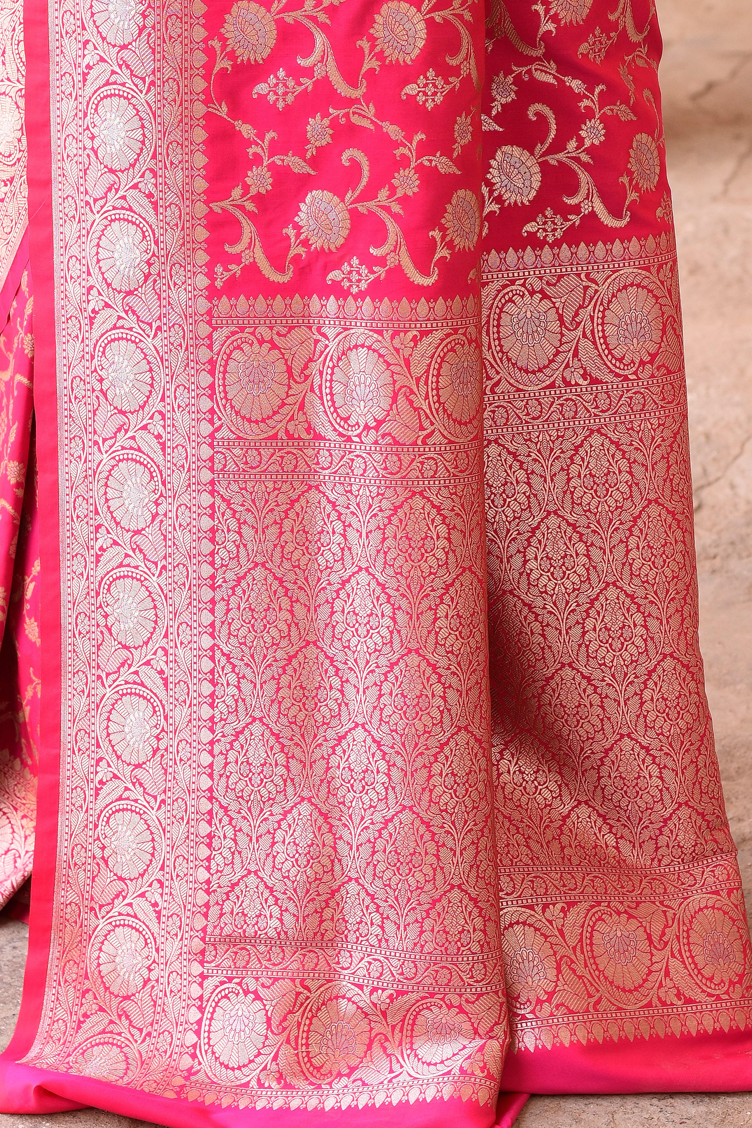 Hot Pink Banarasi Soft Silk Saree