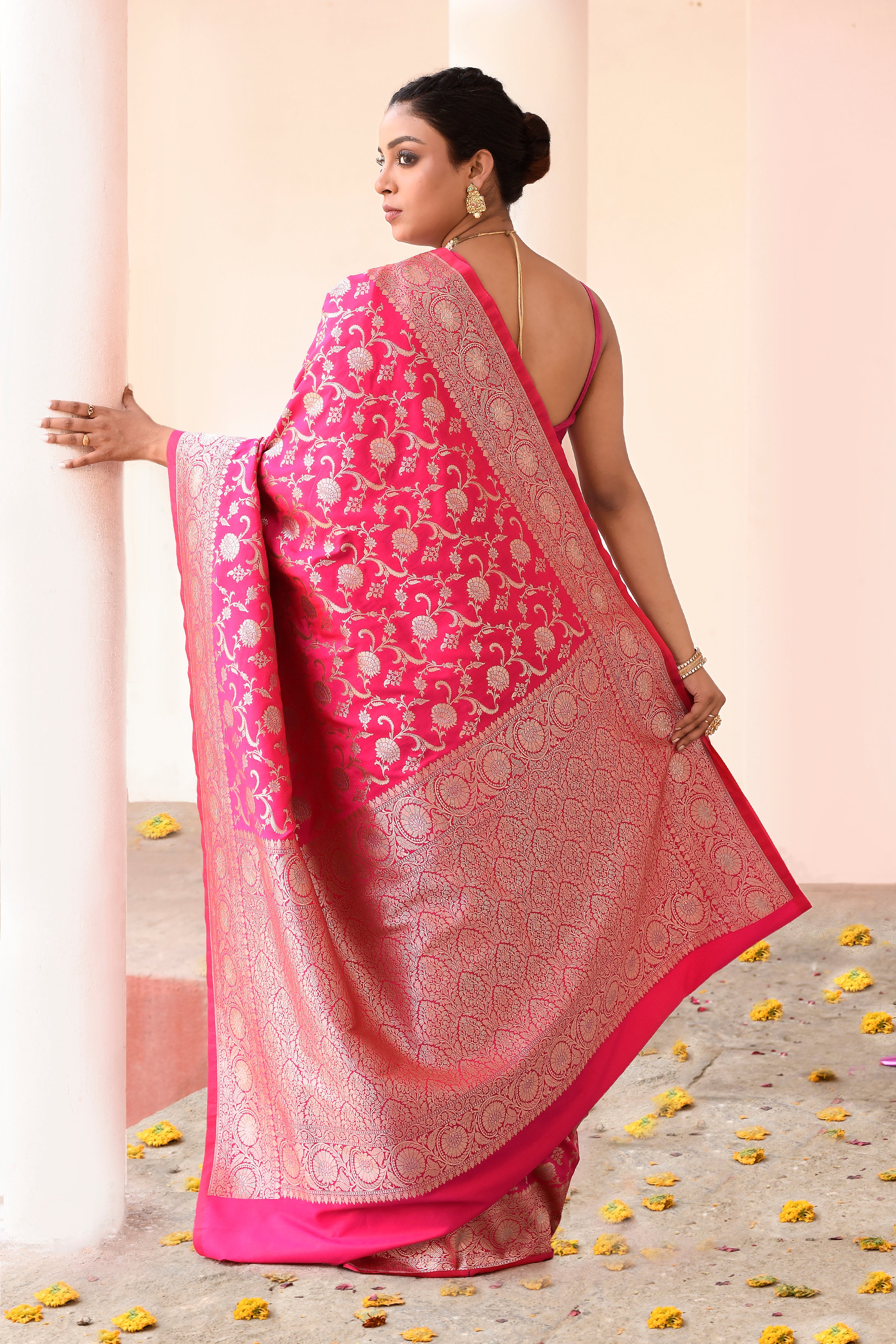Hot Pink Banarasi Soft Silk Saree