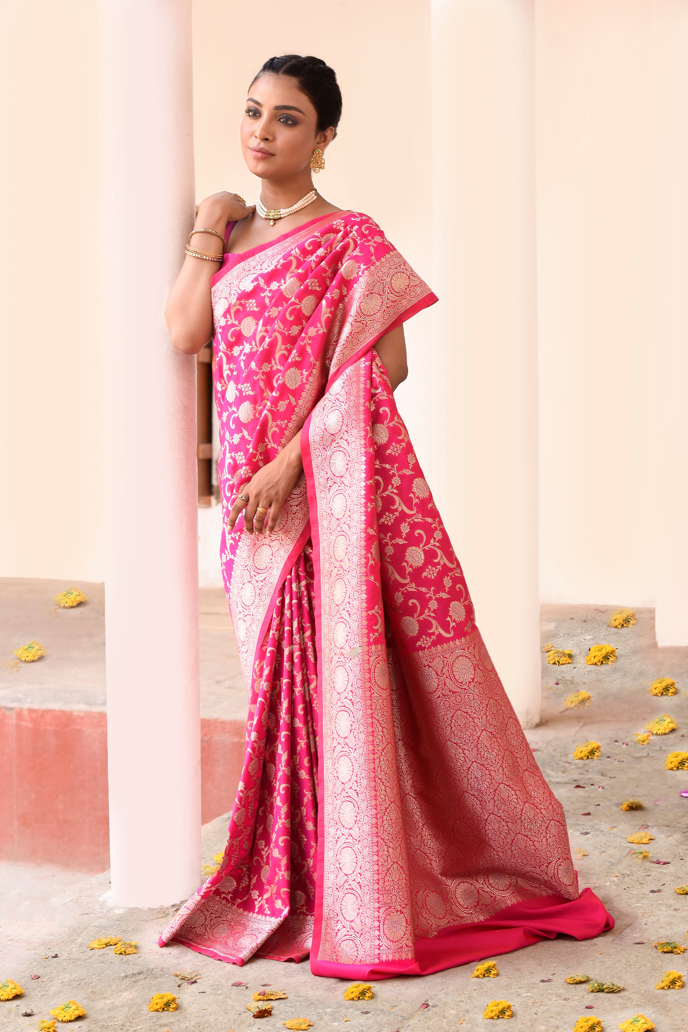Hot Pink Banarasi Soft Silk Saree