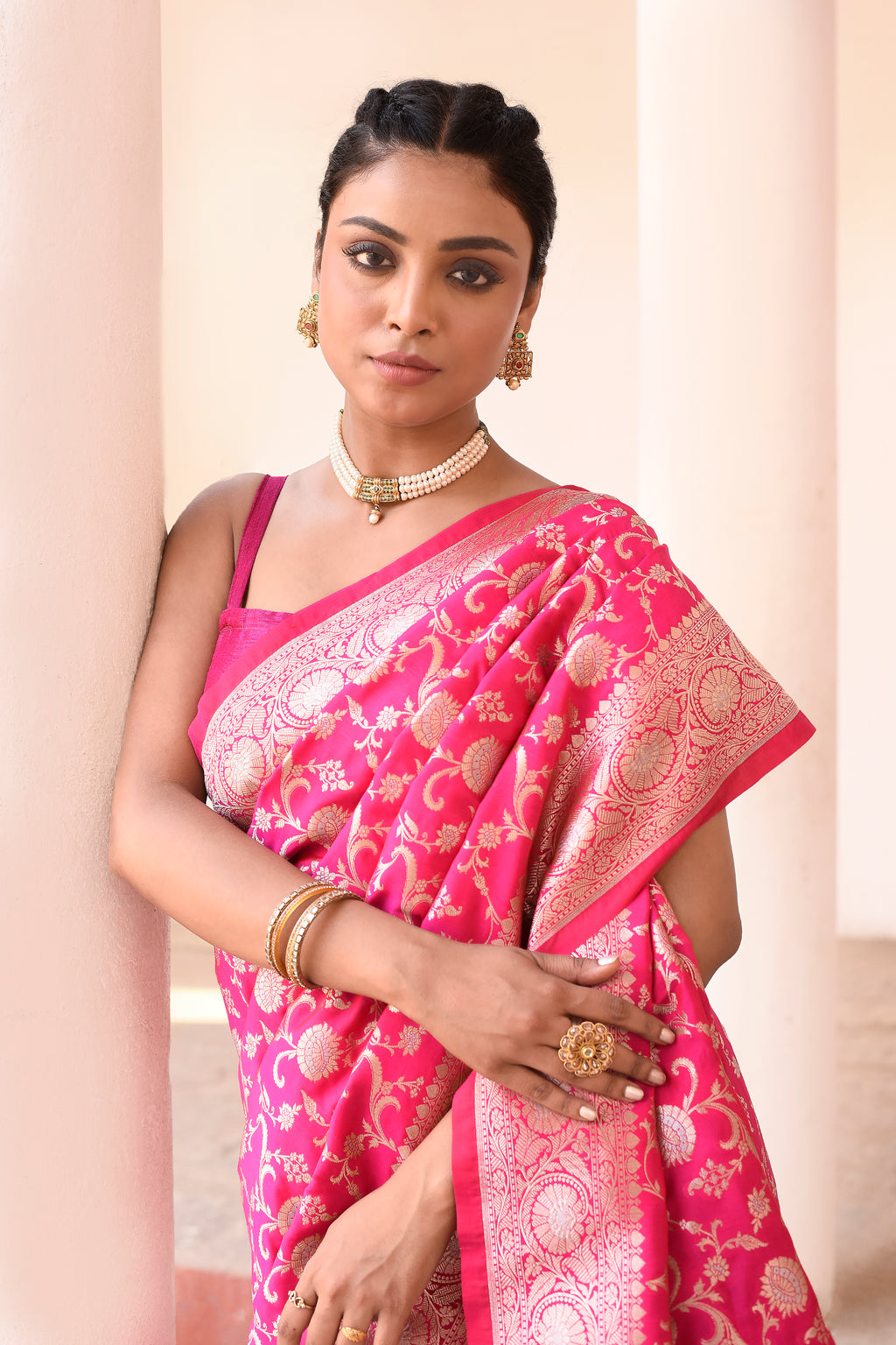Hot Pink Banarasi Soft Silk Saree