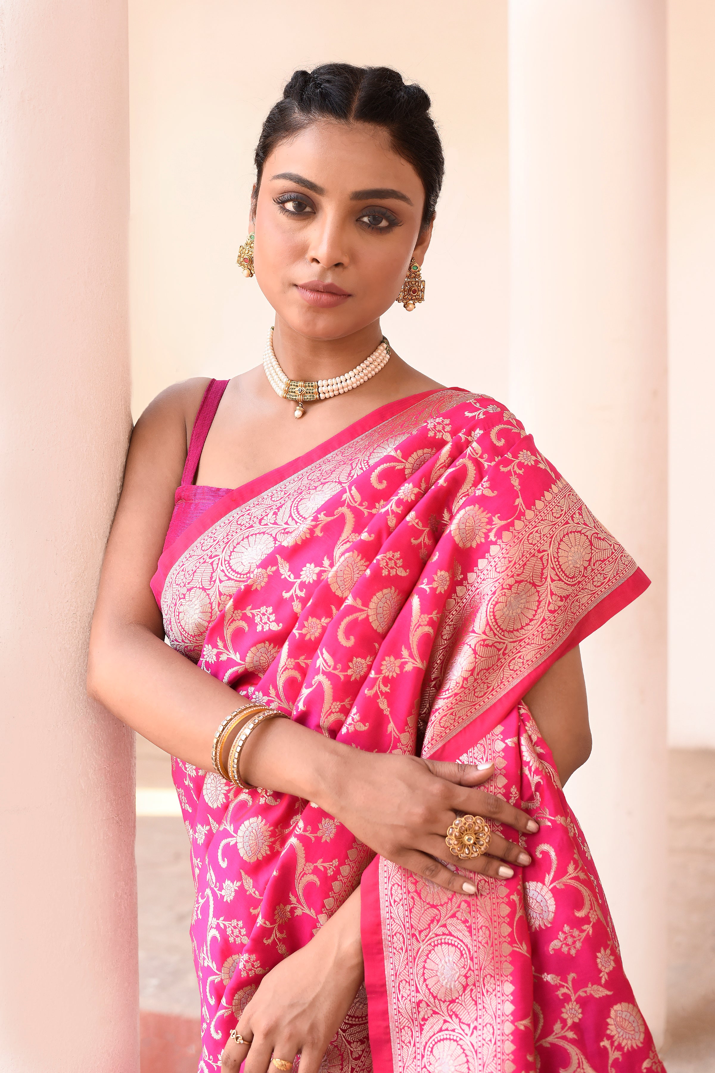 Hot Pink Banarasi Soft Silk Saree