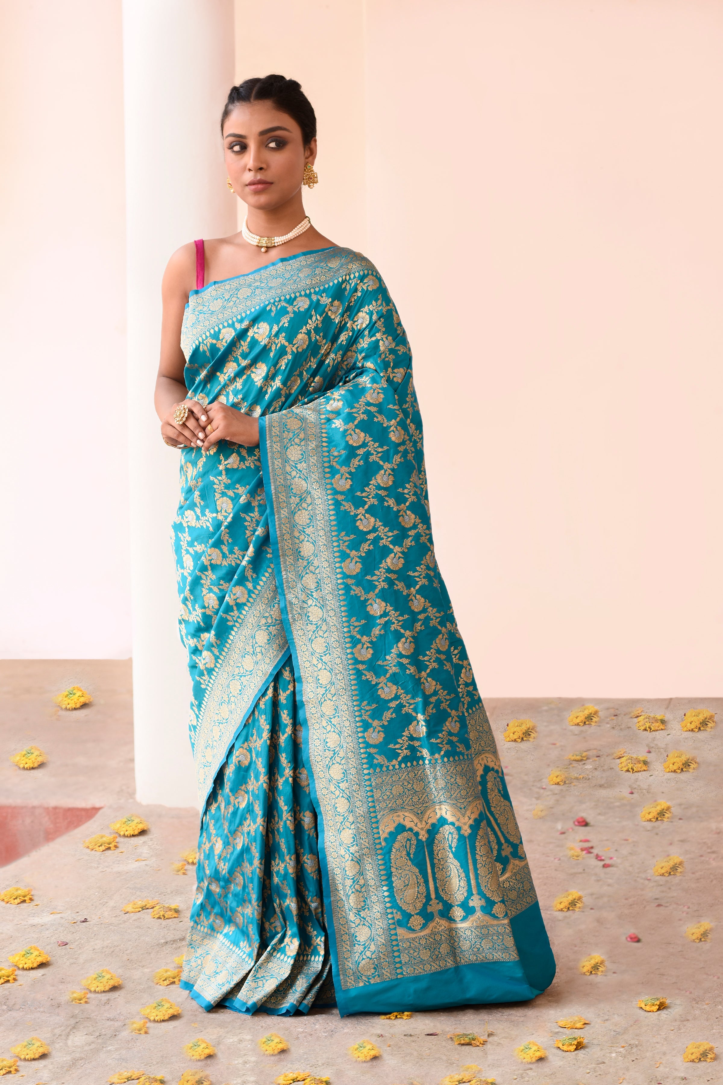 Aqua Blue Banarasi Soft Silk Saree with Gold Zari Floral Jaal
