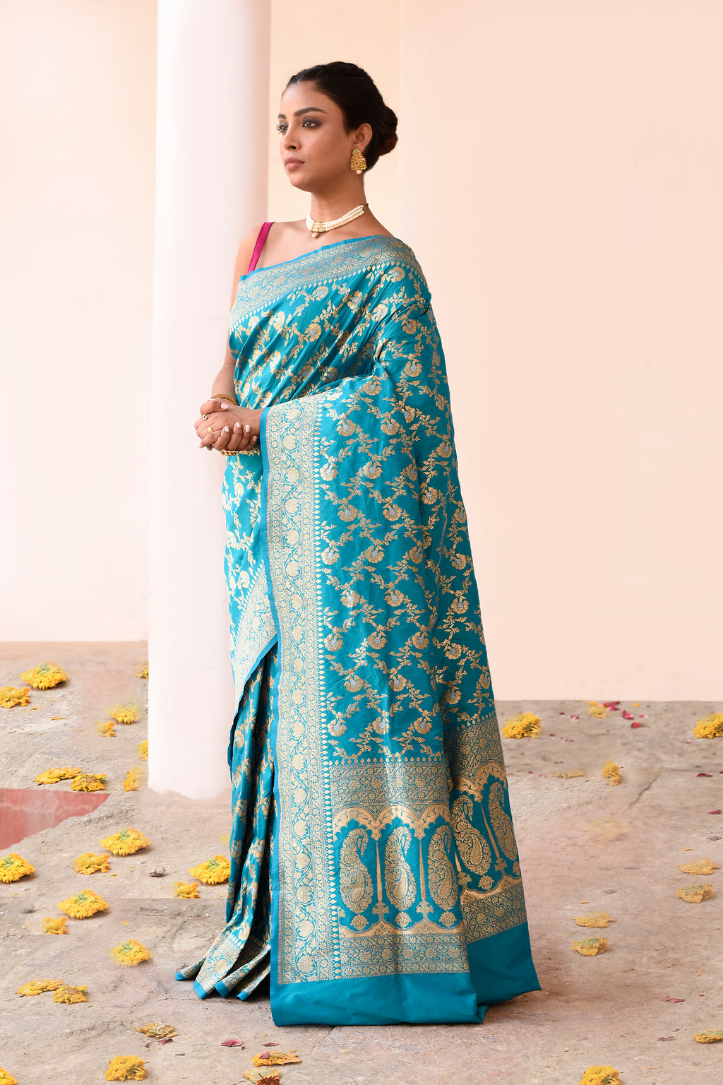 Aqua Blue Banarasi Soft Silk Saree with Gold Zari Floral Jaal