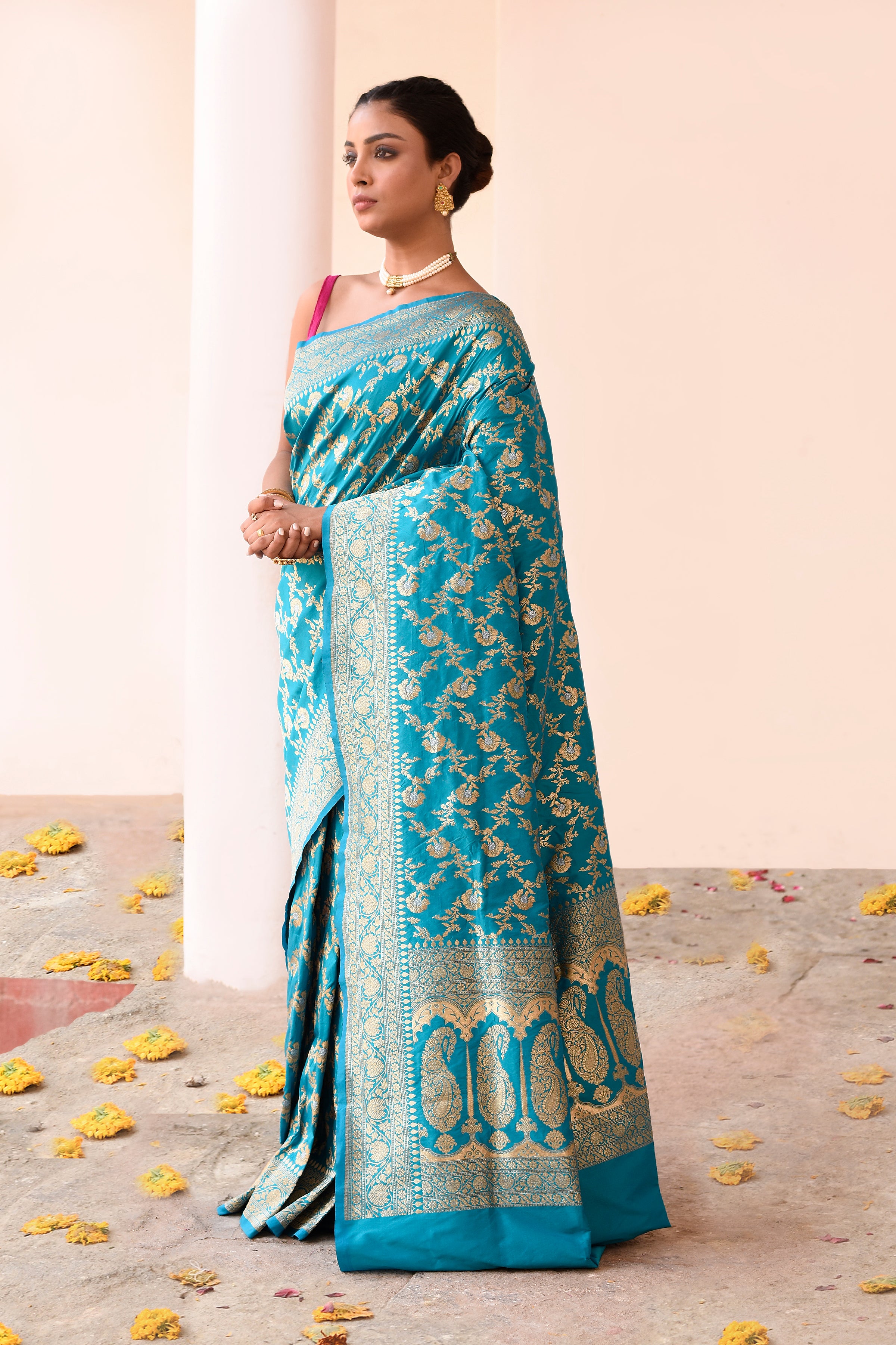 Aqua Blue Banarasi Soft Silk Saree with Gold Zari Floral Jaal