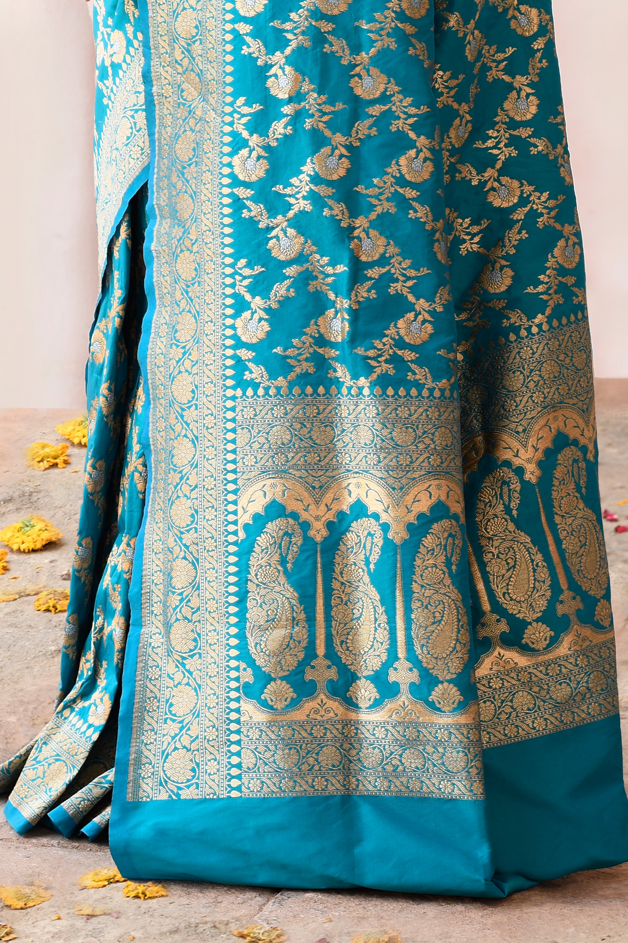 Aqua Blue Banarasi Soft Silk Saree with Gold Zari Floral Jaal