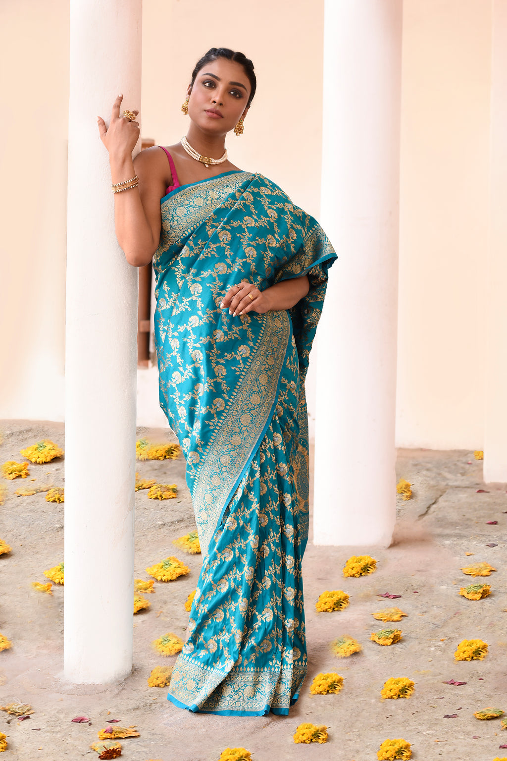 Aqua Blue Banarasi Soft Silk Saree with Gold Zari Floral Jaal