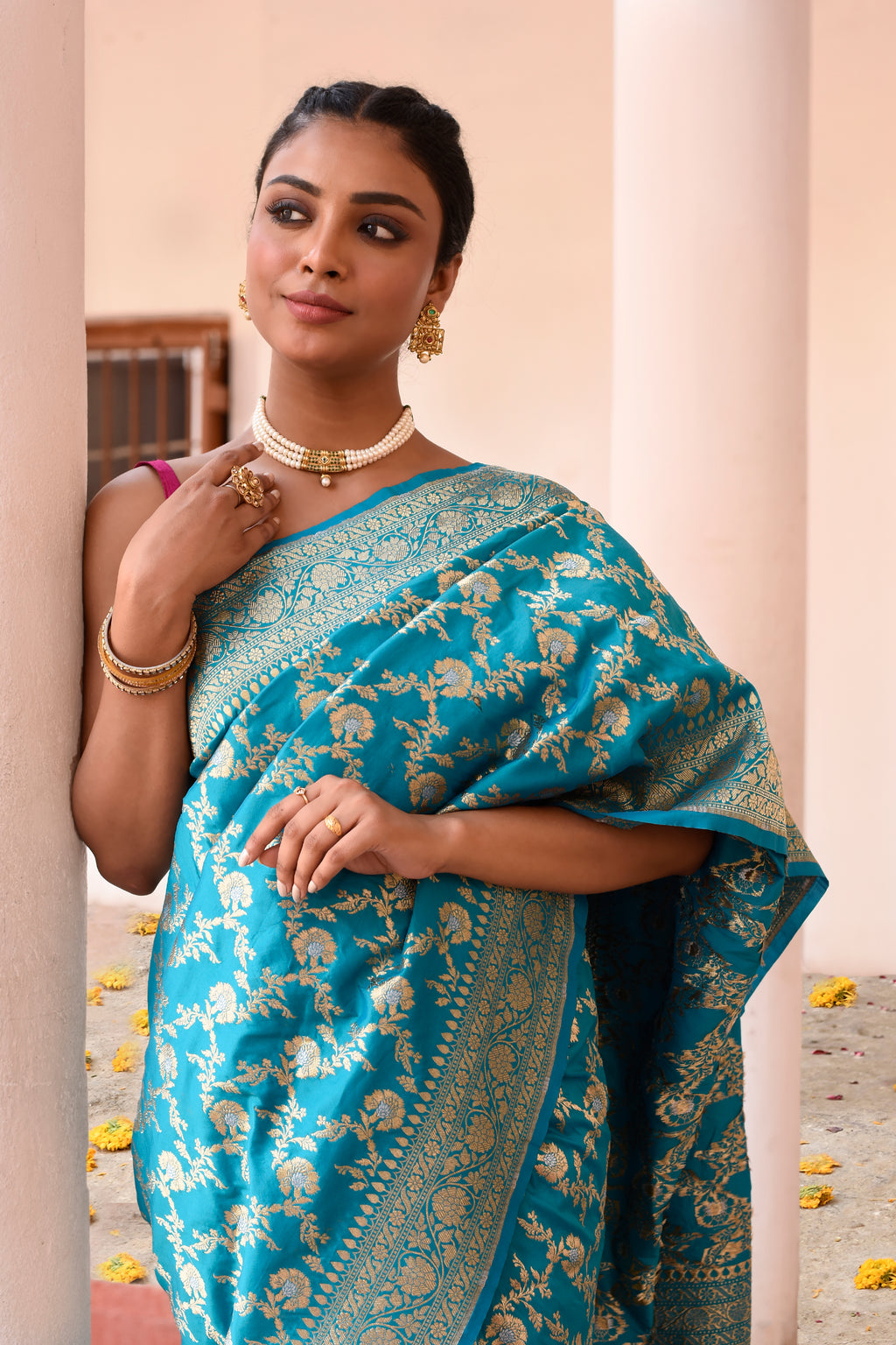 Aqua Blue Banarasi Soft Silk Saree with Gold Zari Floral Jaal