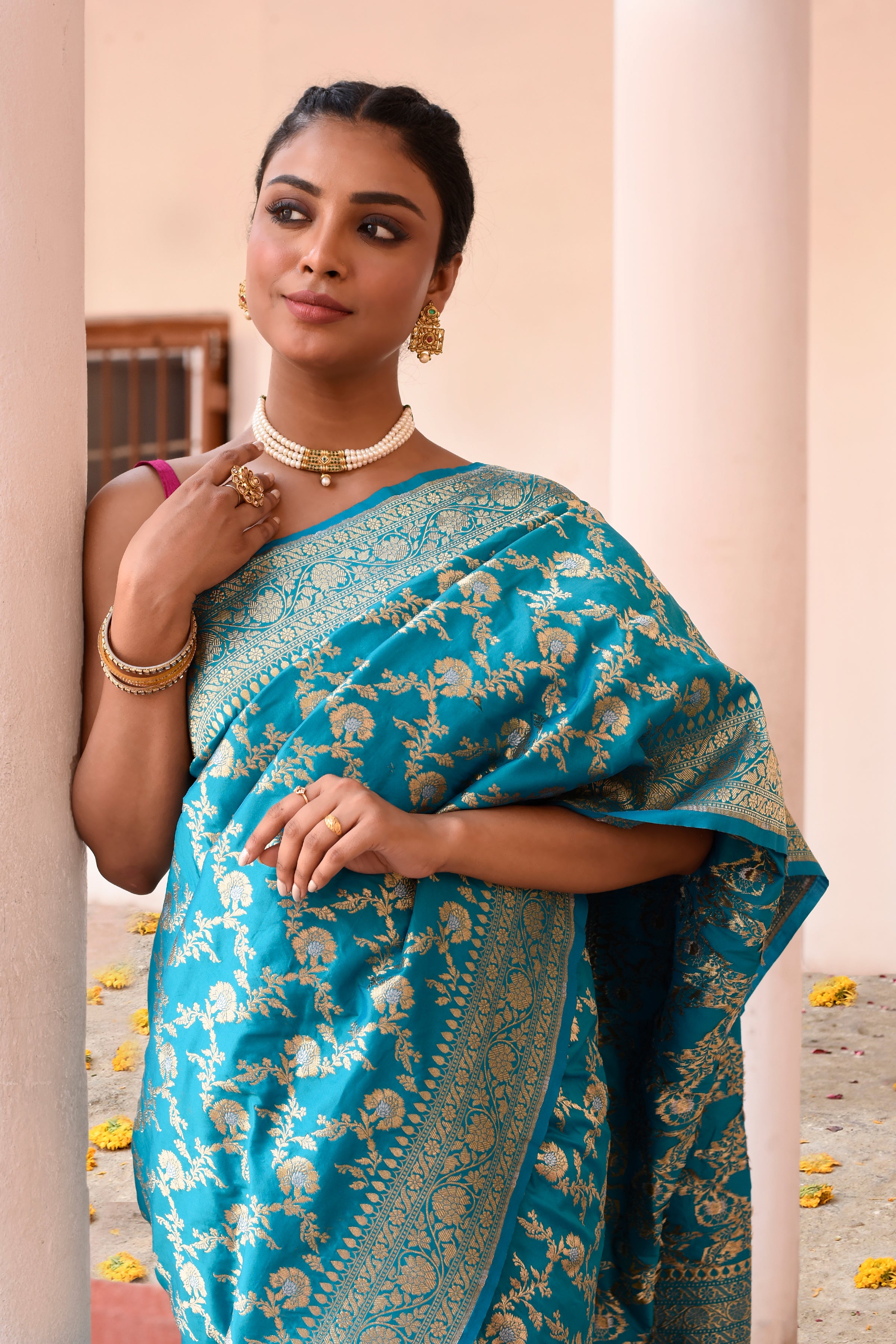 Aqua Blue Banarasi Soft Silk Saree with Gold Zari Floral Jaal