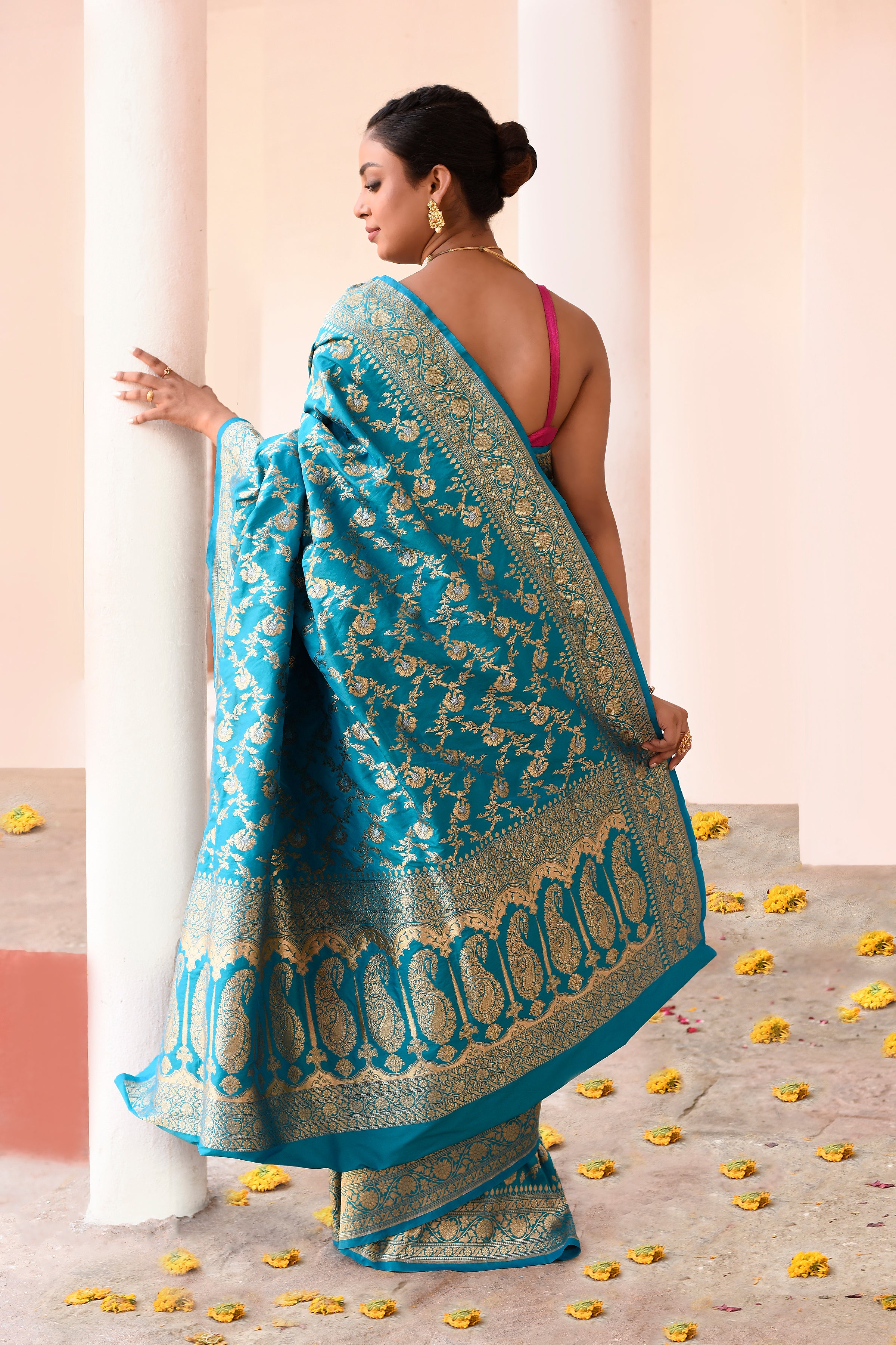 Aqua Blue Banarasi Soft Silk Saree with Gold Zari Floral Jaal