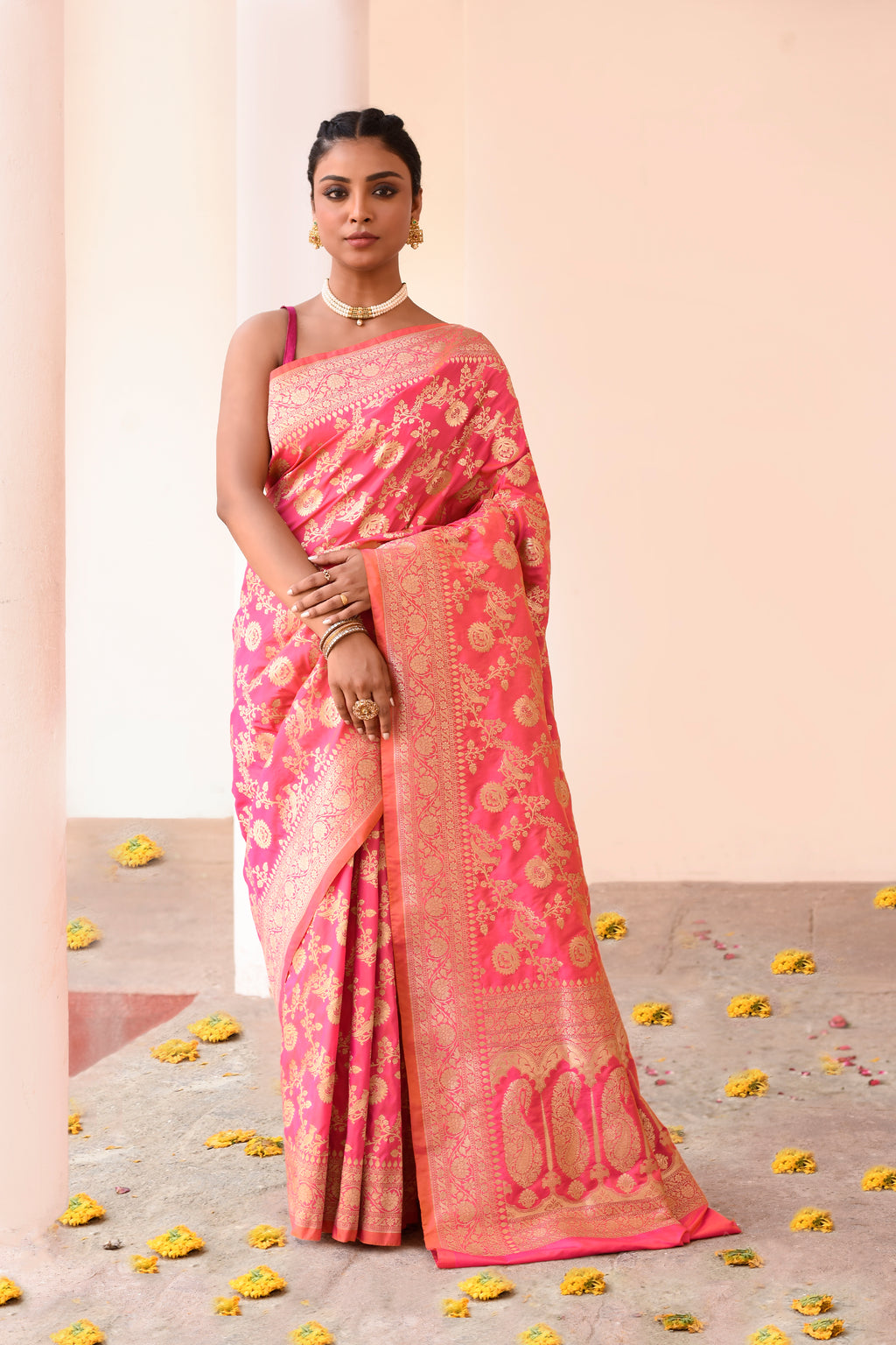 Pink Peach Banarasi Soft Silk Saree with Gold Zari Jaal