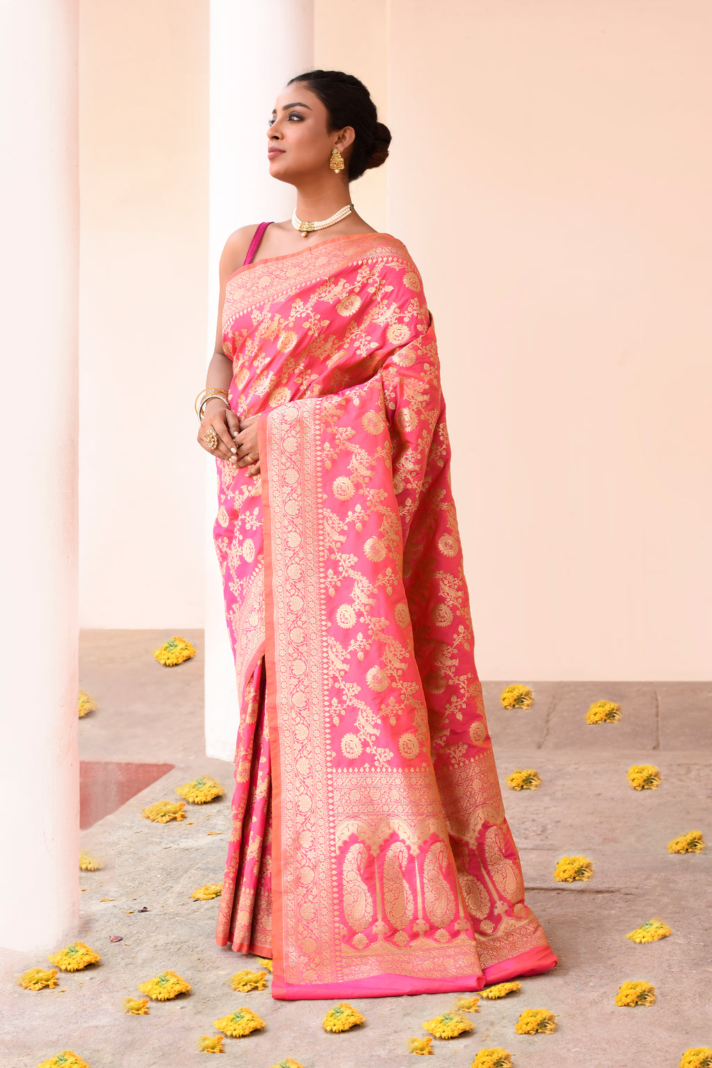 Pink Peach Banarasi Soft Silk Saree with Gold Zari Jaal