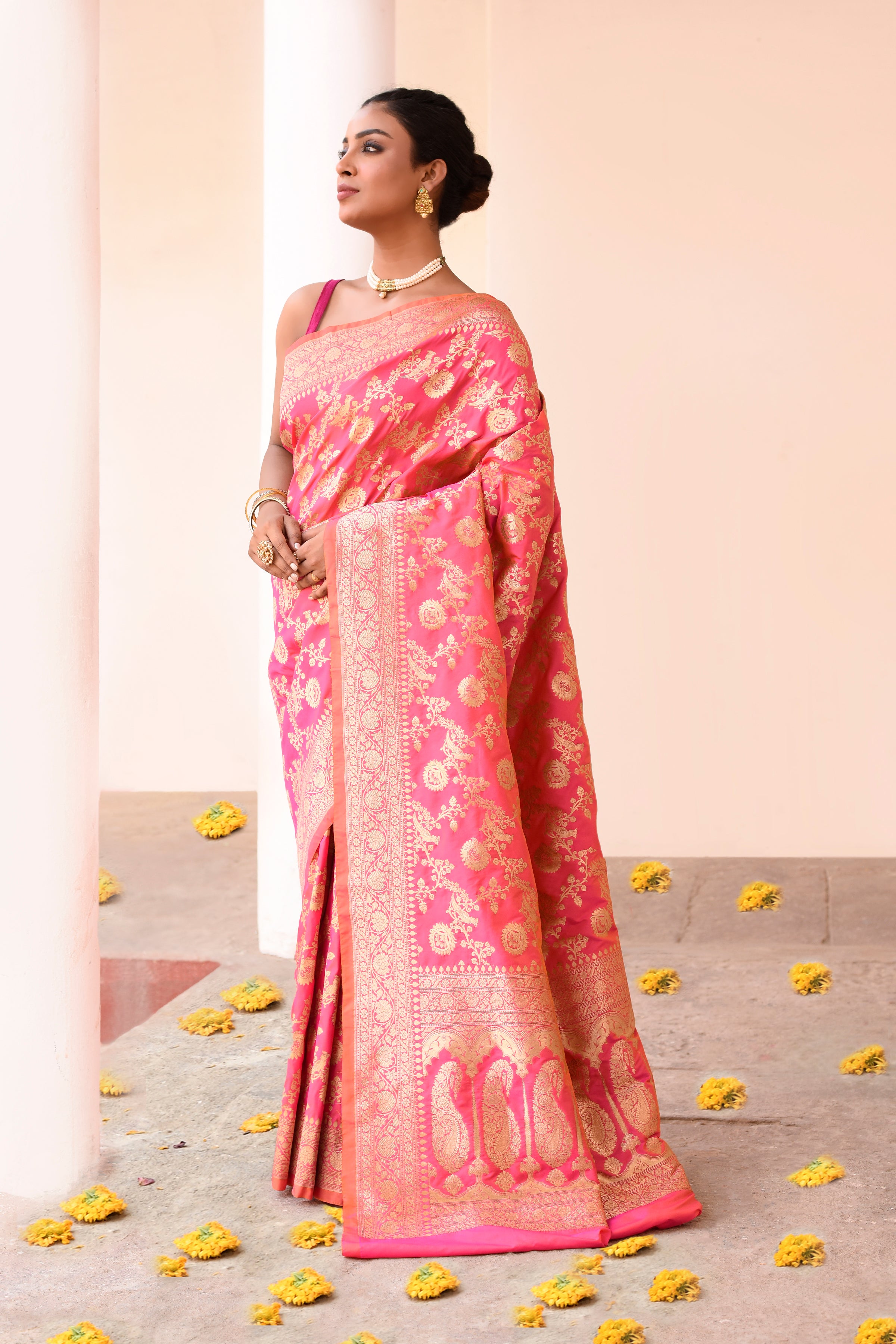 Pink Peach Banarasi Soft Silk Saree with Gold Zari Jaal