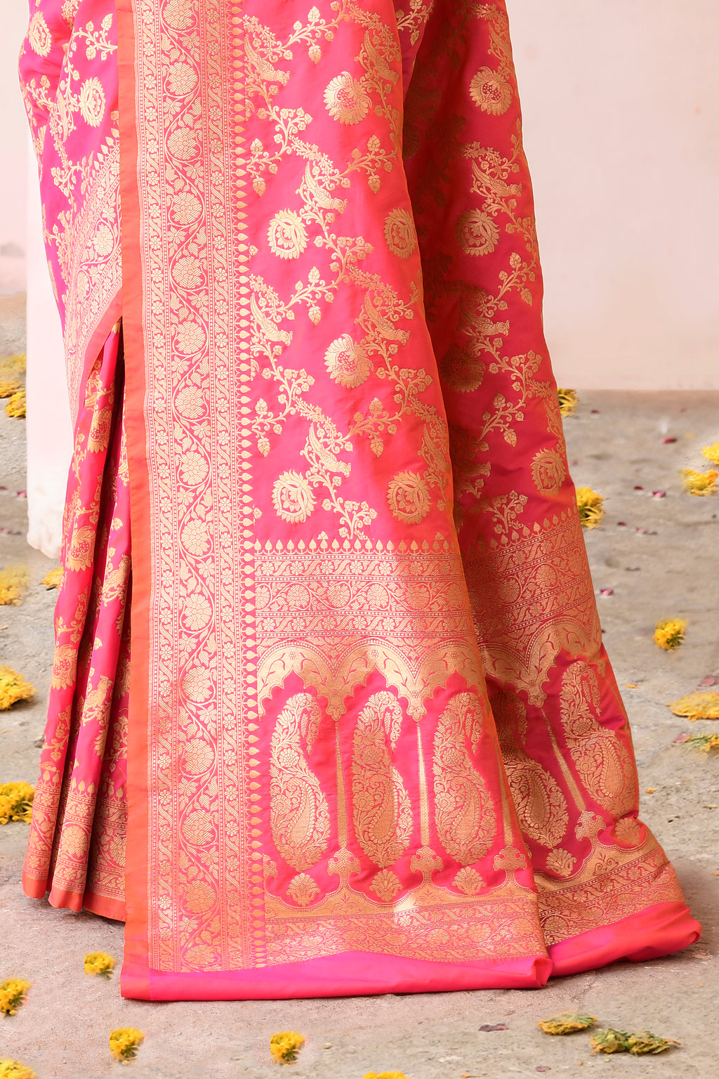 Pink Peach Banarasi Soft Silk Saree with Gold Zari Jaal