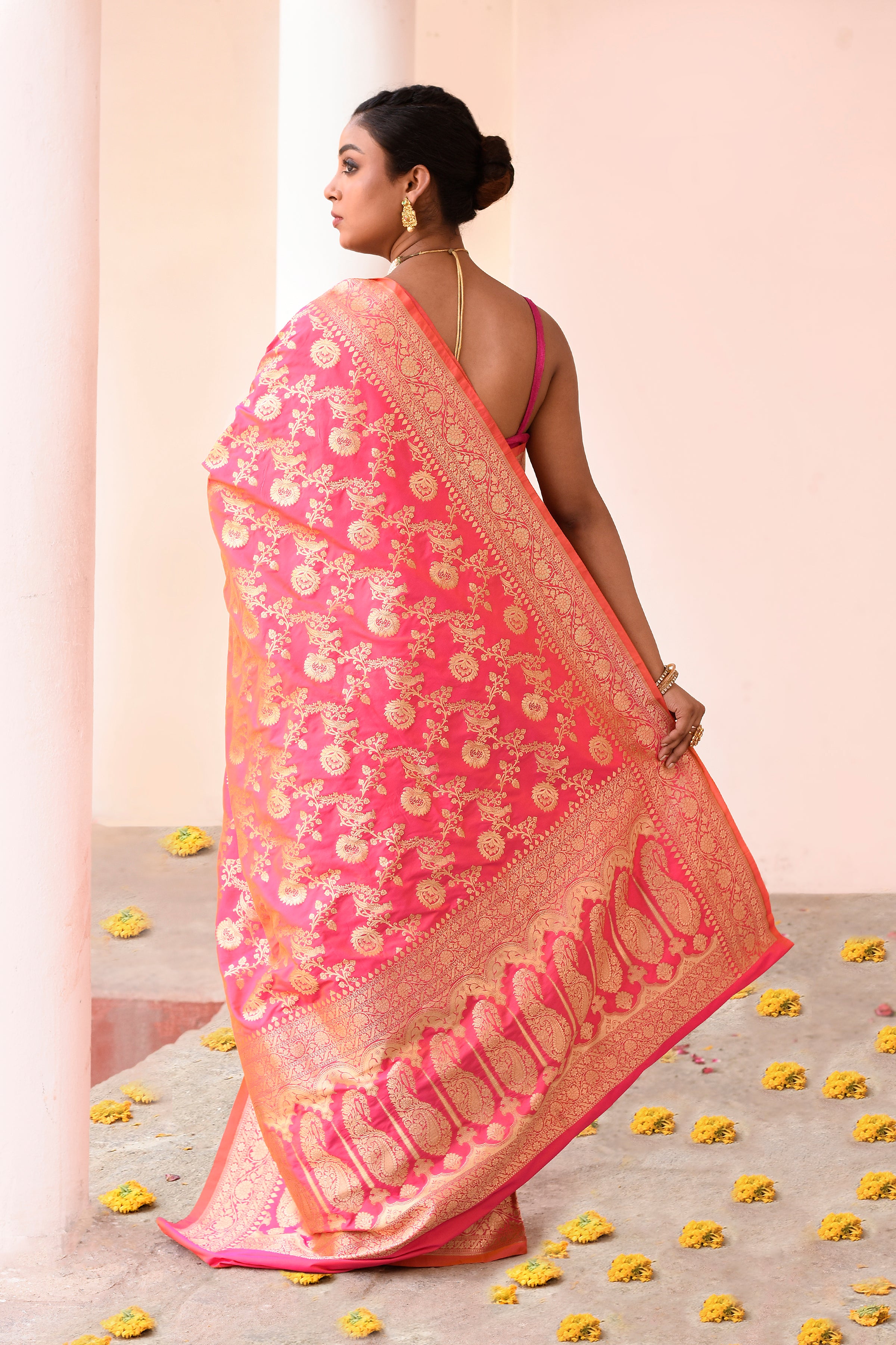 Pink Peach Banarasi Soft Silk Saree with Gold Zari Jaal
