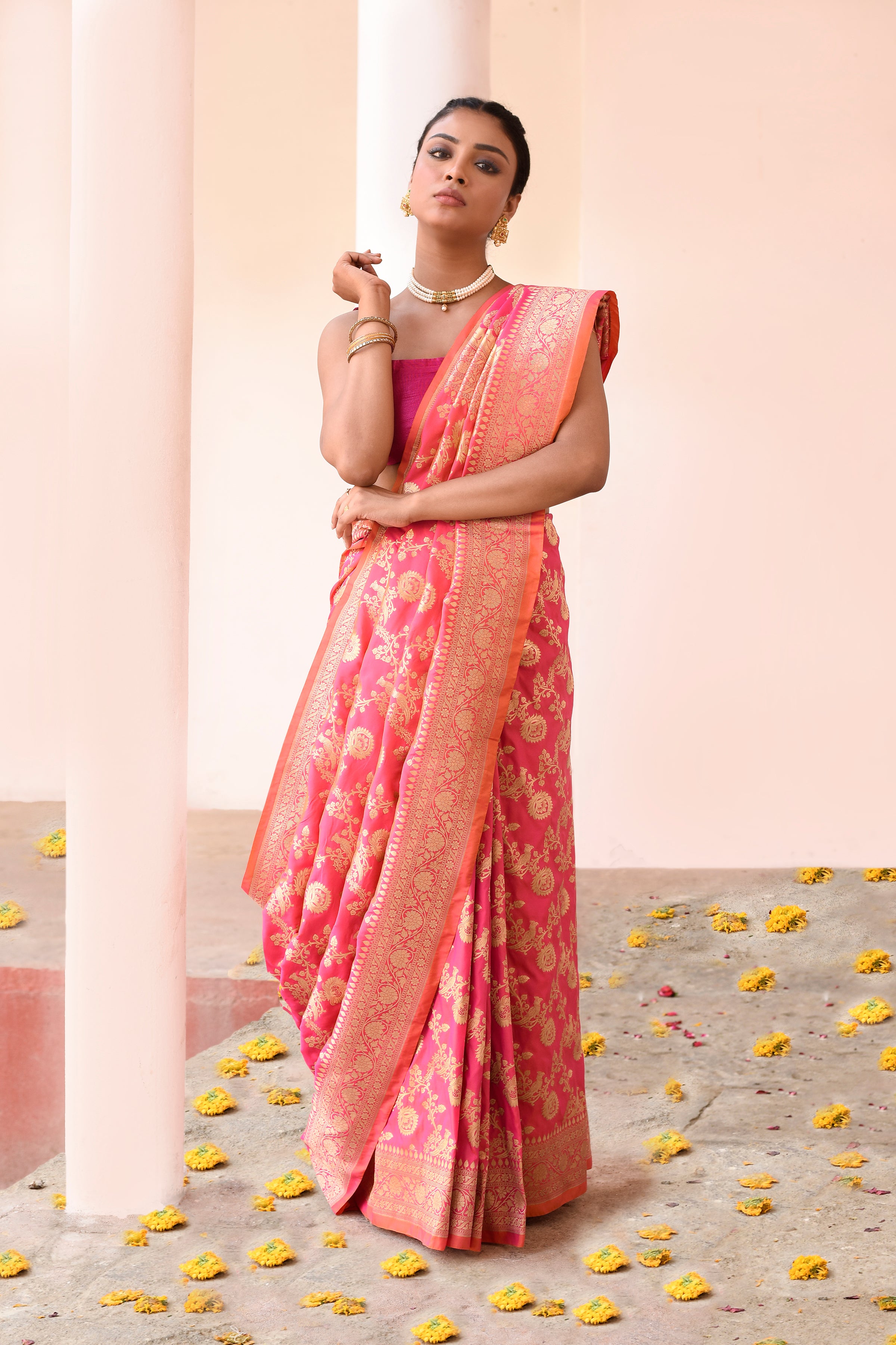 Pink Peach Banarasi Soft Silk Saree with Gold Zari Jaal