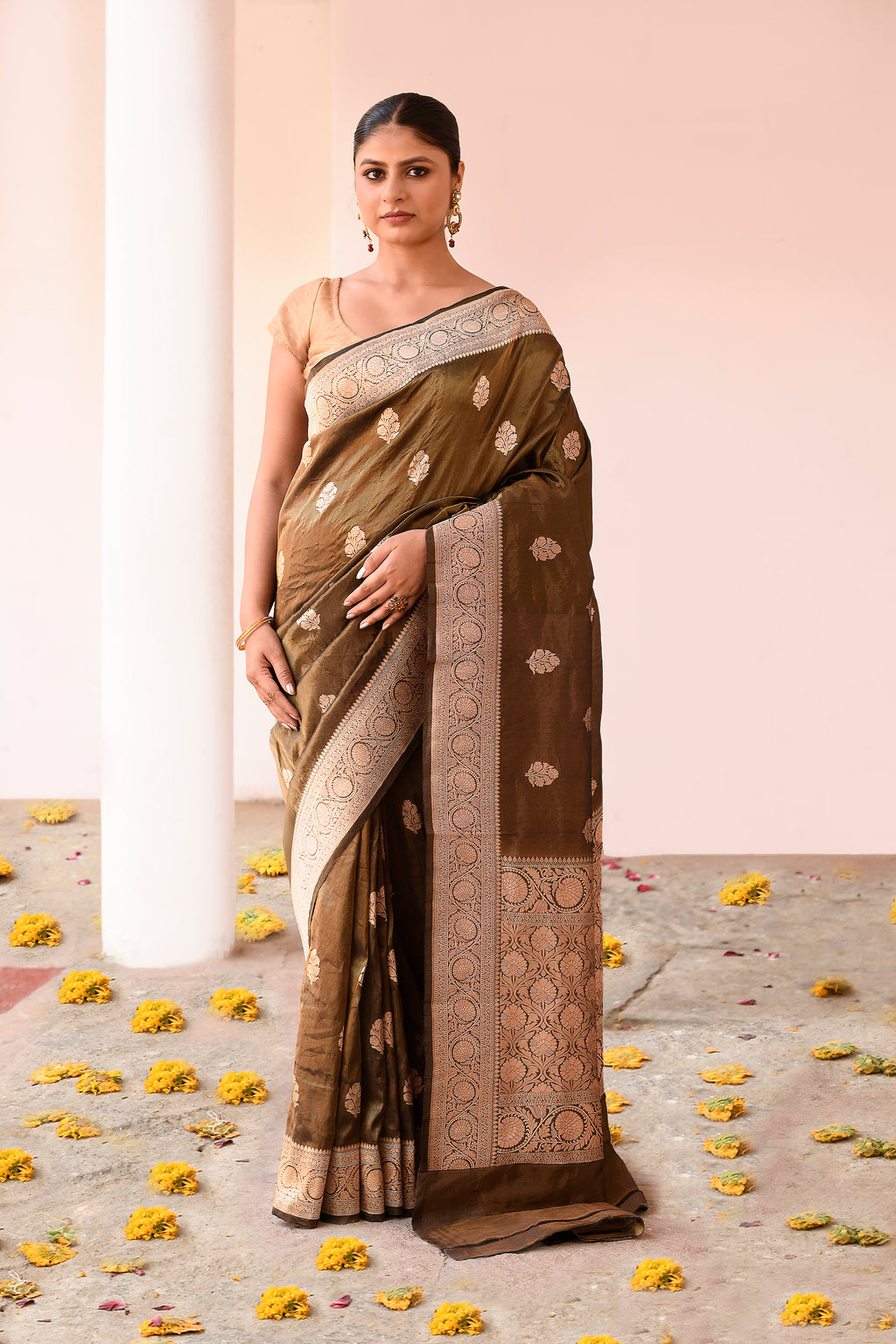 Handwoven Olive Green Pure Banarasi Katan Silk Saree