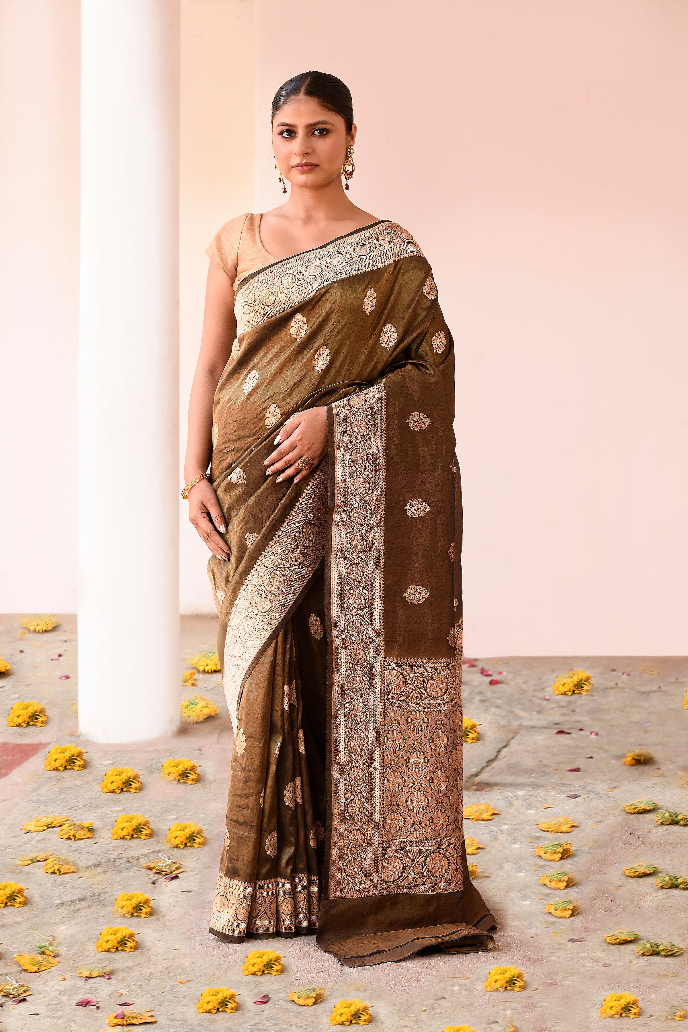Handwoven Olive Green Pure Banarasi Katan Silk Saree