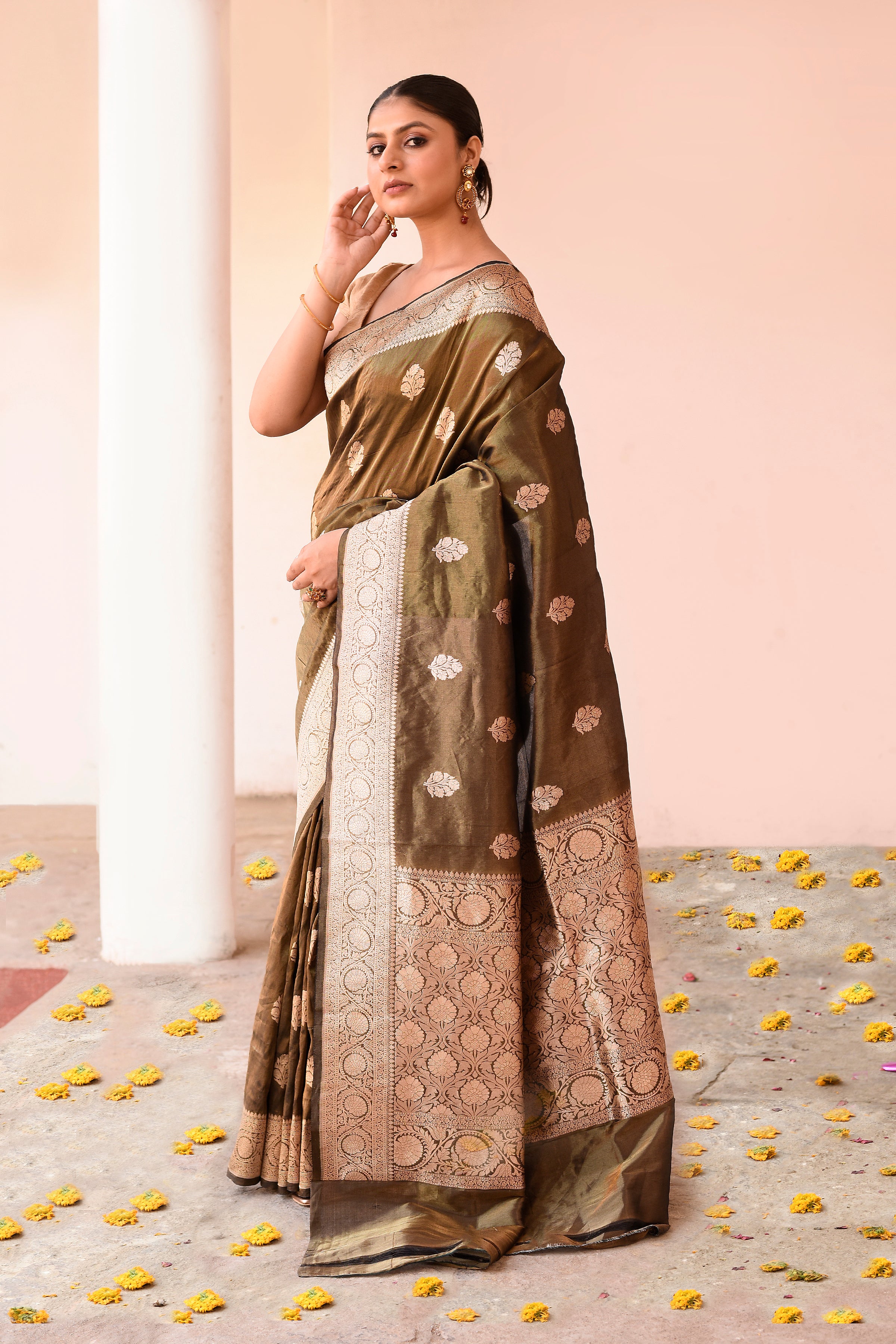 Handwoven Olive Green Pure Banarasi Katan Silk Saree