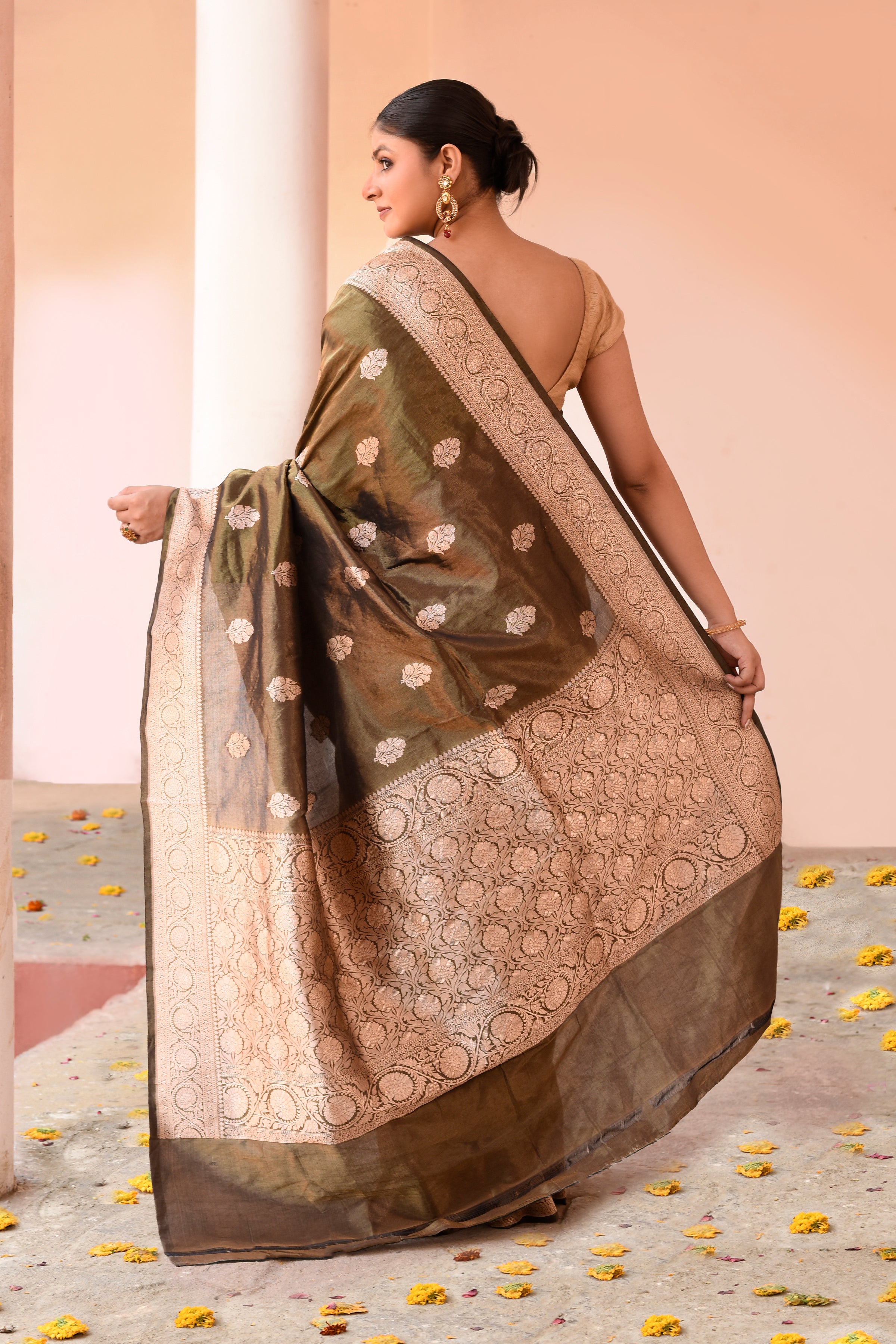 Handwoven Olive Green Pure Banarasi Katan Silk Saree