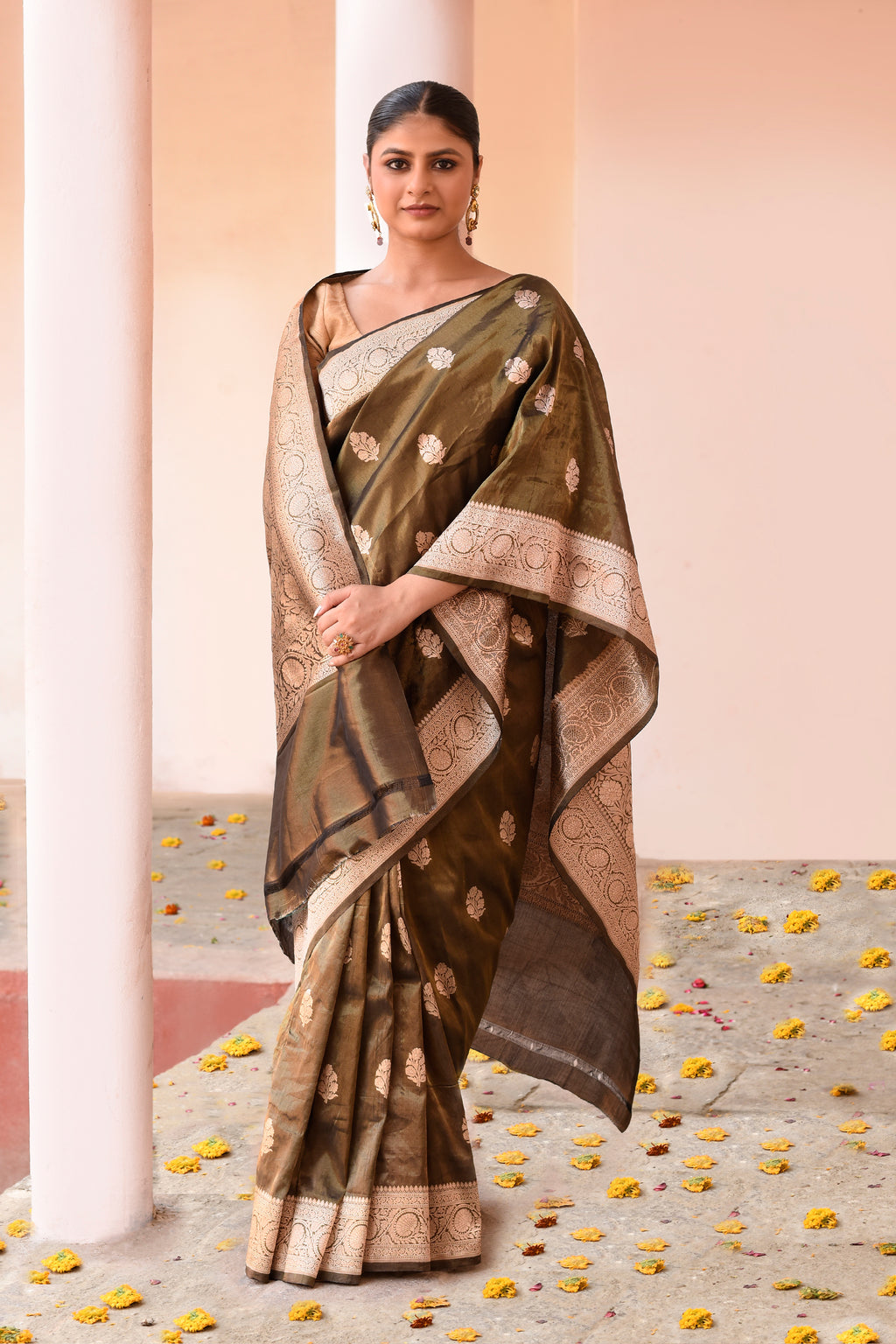 Handwoven Olive Green Pure Banarasi Katan Silk Saree