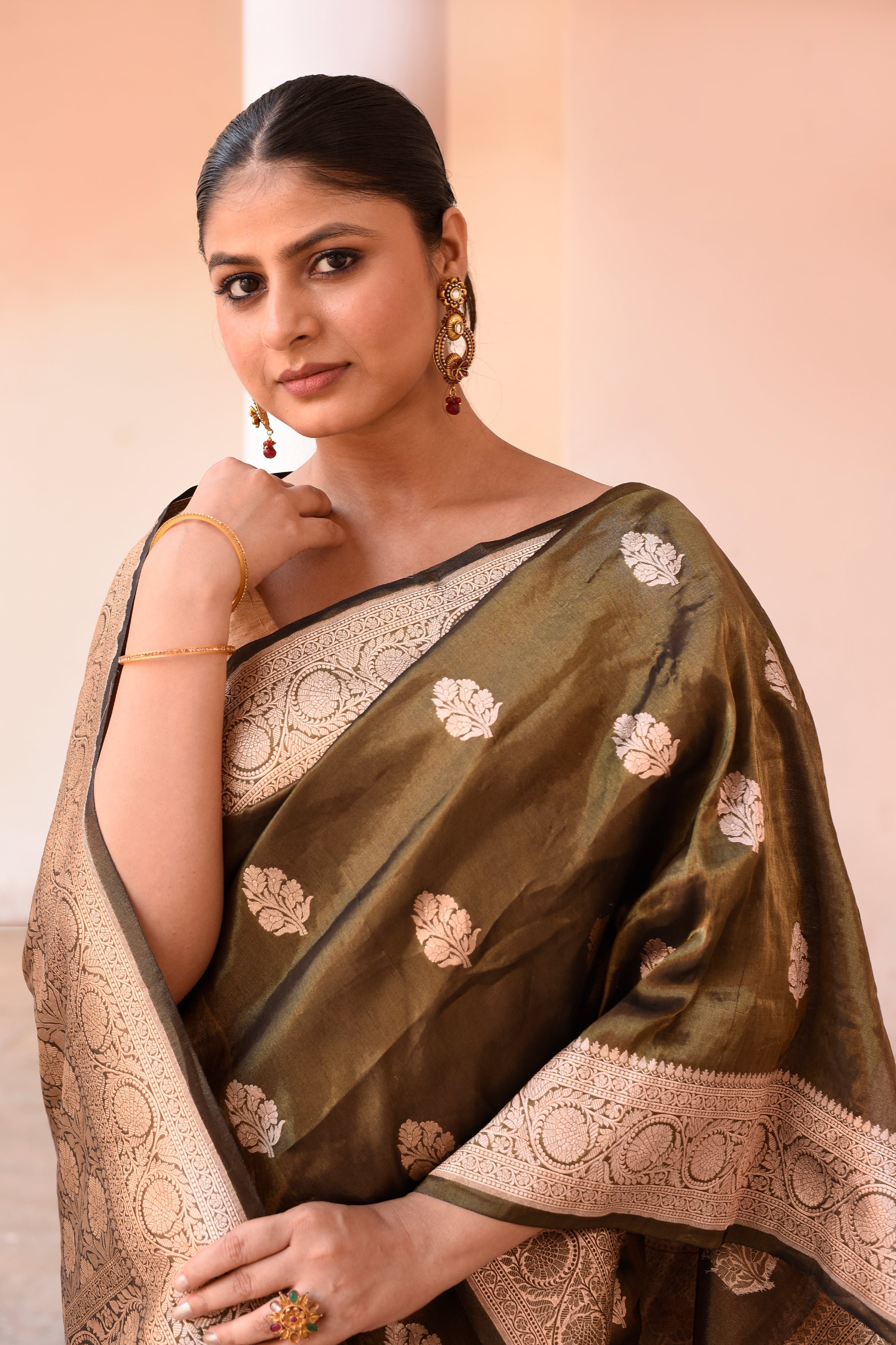 Handwoven Olive Green Pure Banarasi Katan Silk Saree