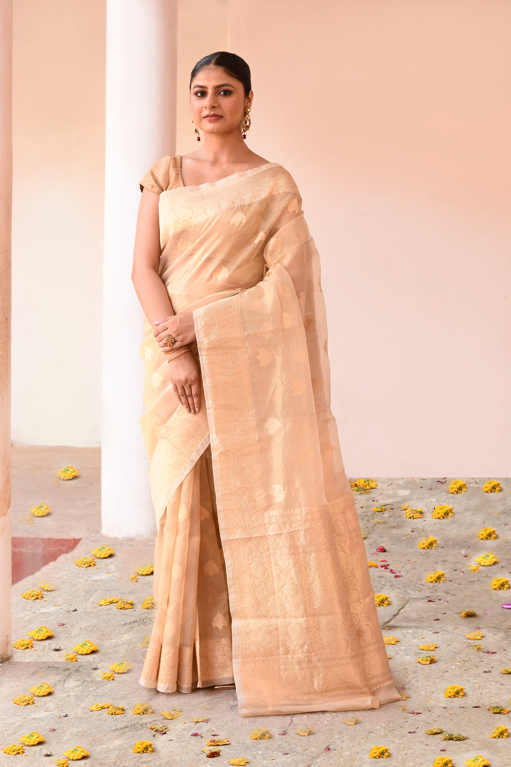 Handwoven Gold Banarasi Kora Tissue Silk Saree