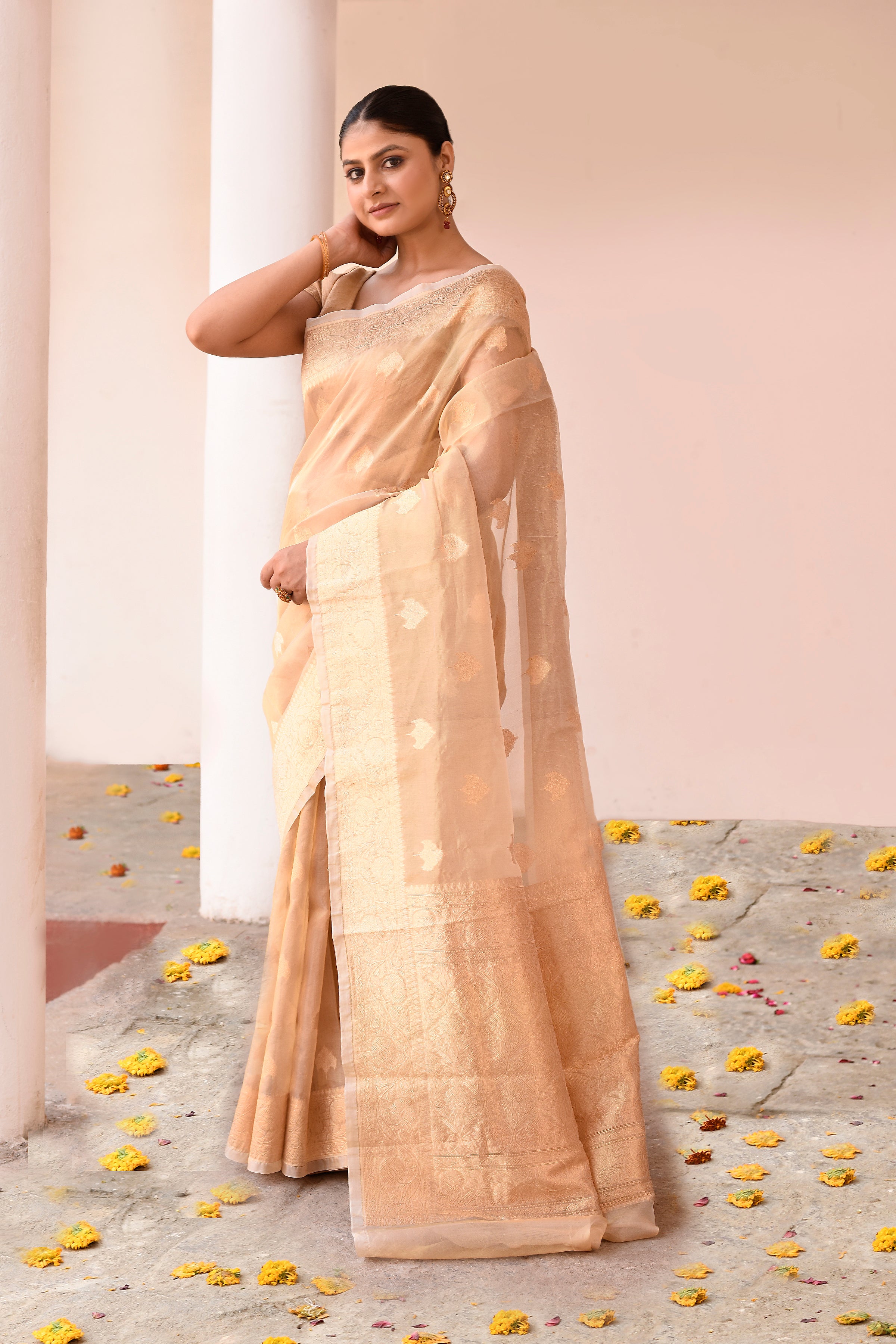 Handwoven Gold Banarasi Kora Tissue Silk Saree