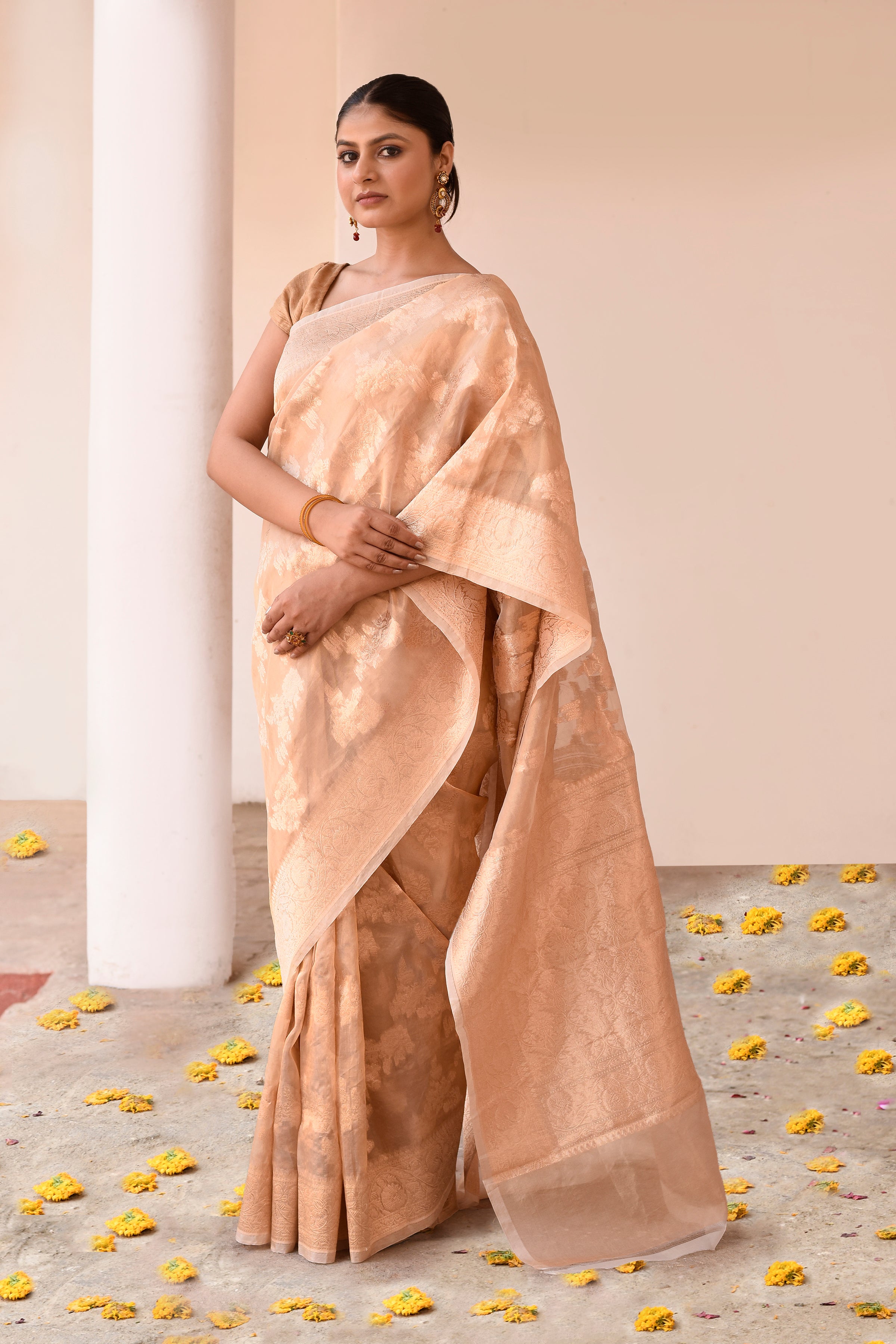 Pure Gold Tissue Banarasi Saree with Zari Motifs & Traditional Border