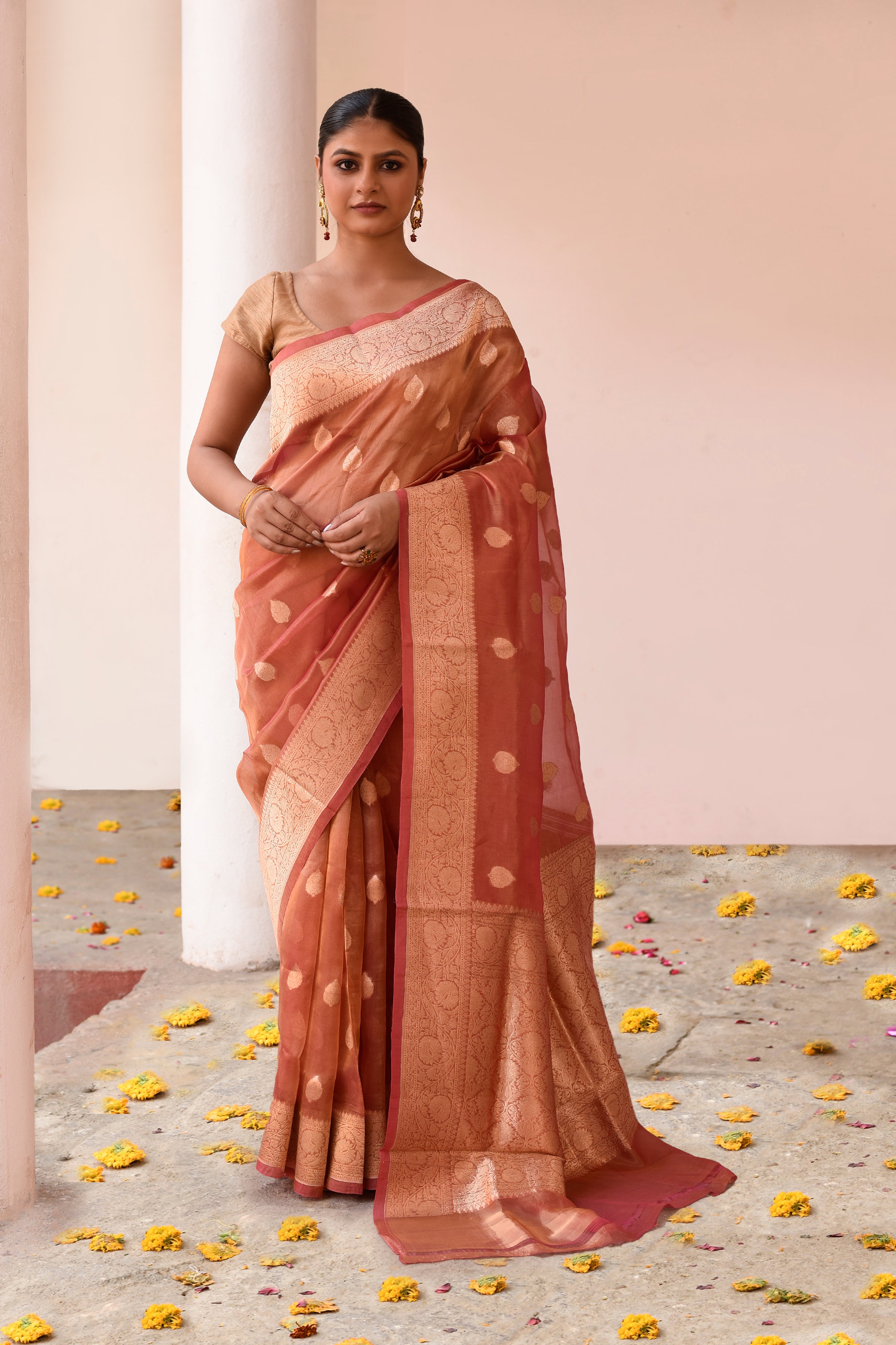 Handwoven Rose Gold Banarasi Kora Tissue Silk Saree