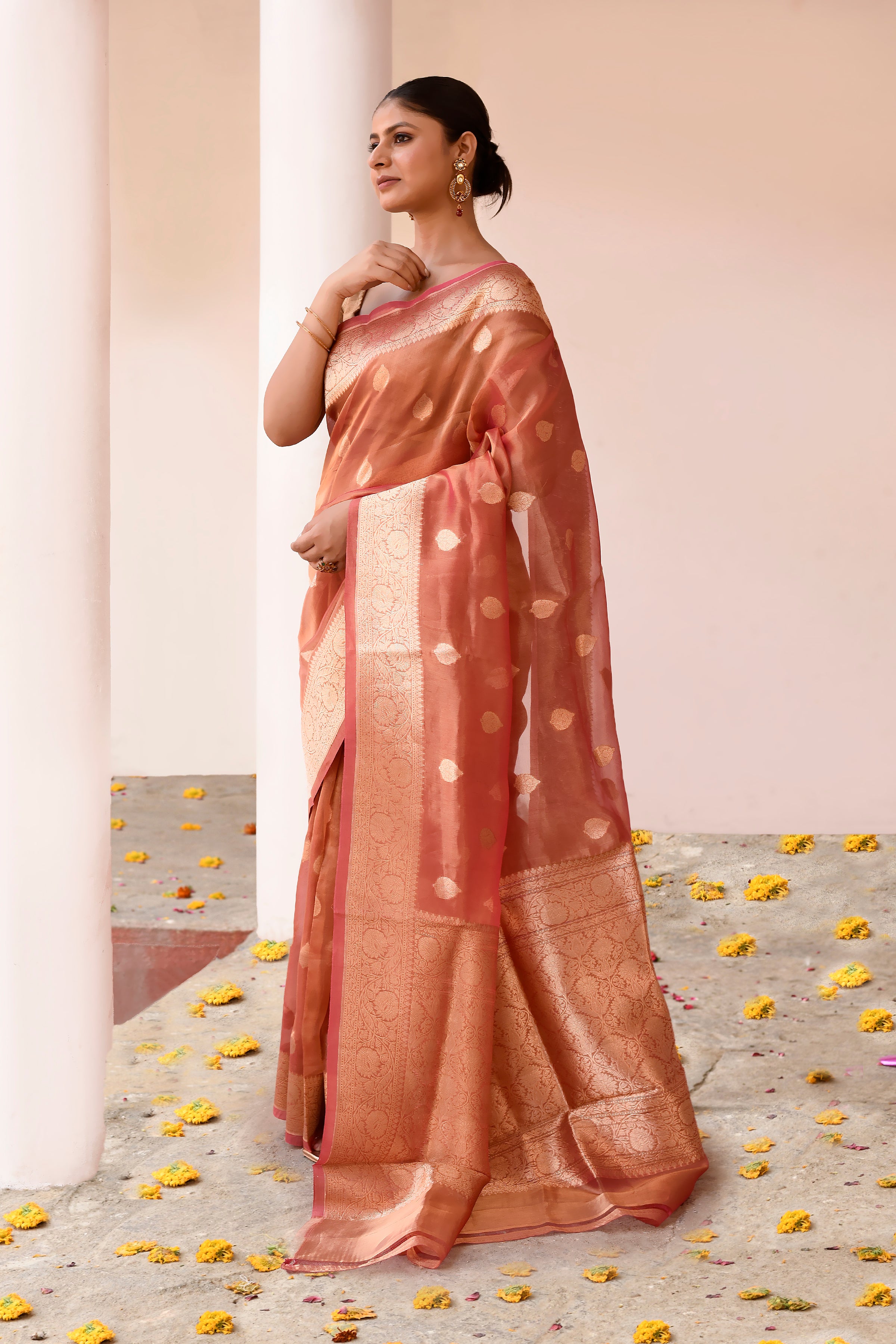 Handwoven Rose Gold Banarasi Kora Tissue Silk Saree