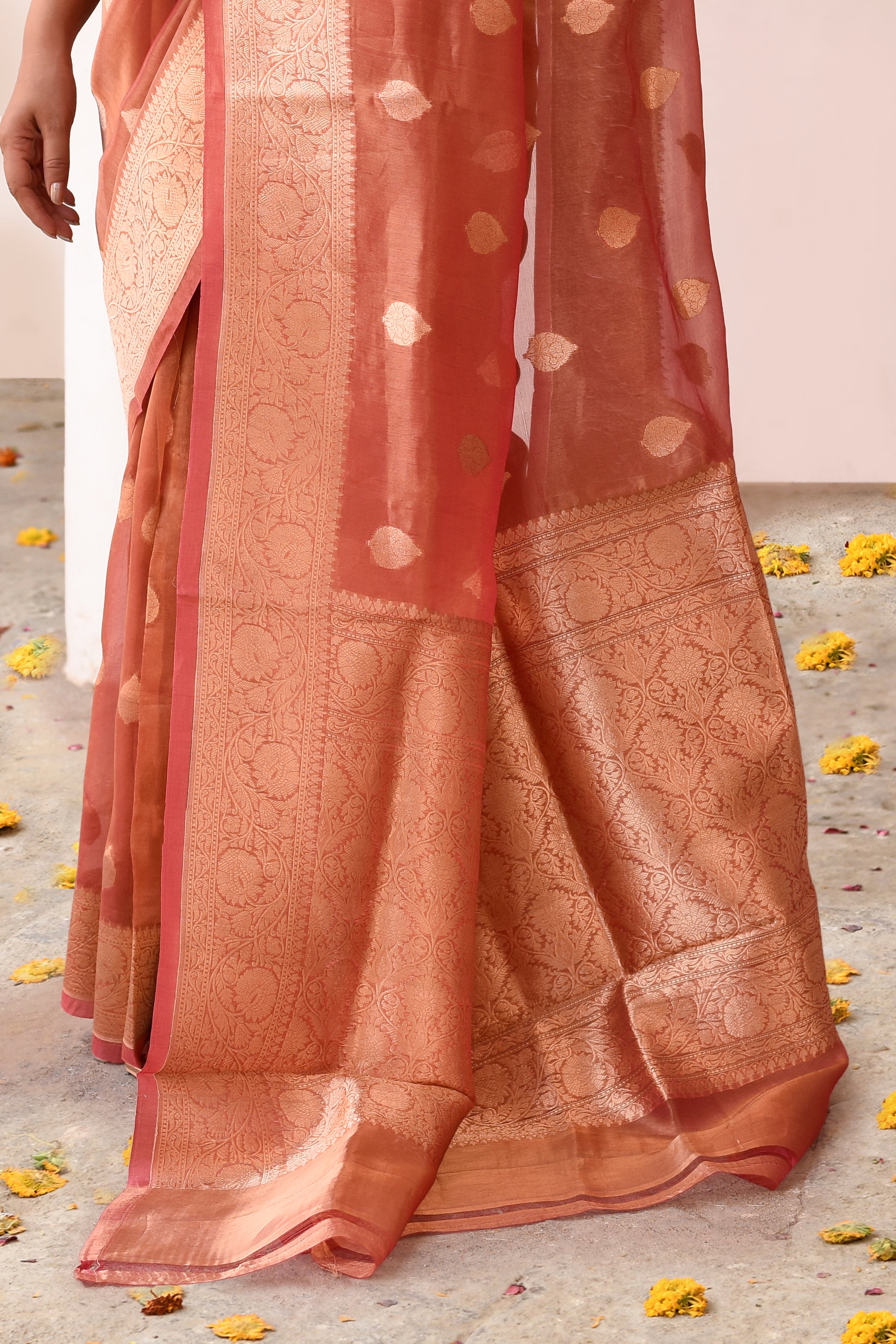 Handwoven Rose Gold Banarasi Kora Tissue Silk Saree