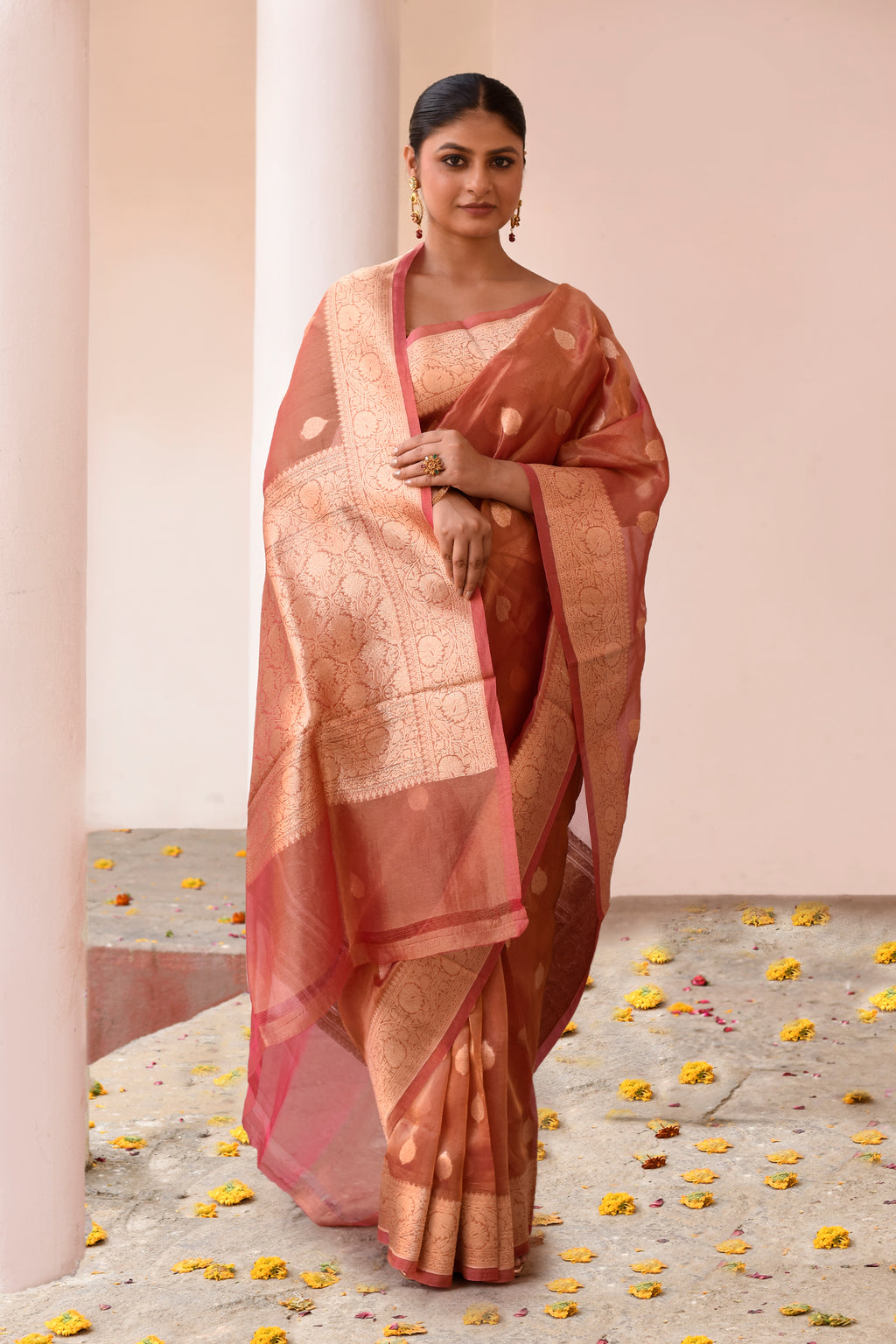 Handwoven Rose Gold Banarasi Kora Tissue Silk Saree