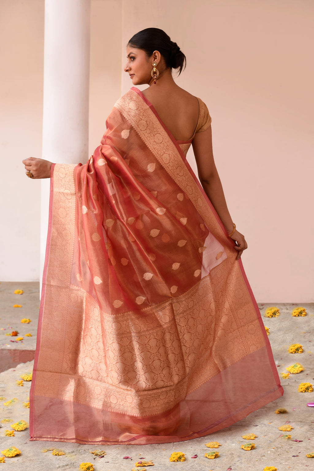Handwoven Rose Gold Banarasi Kora Tissue Silk Saree