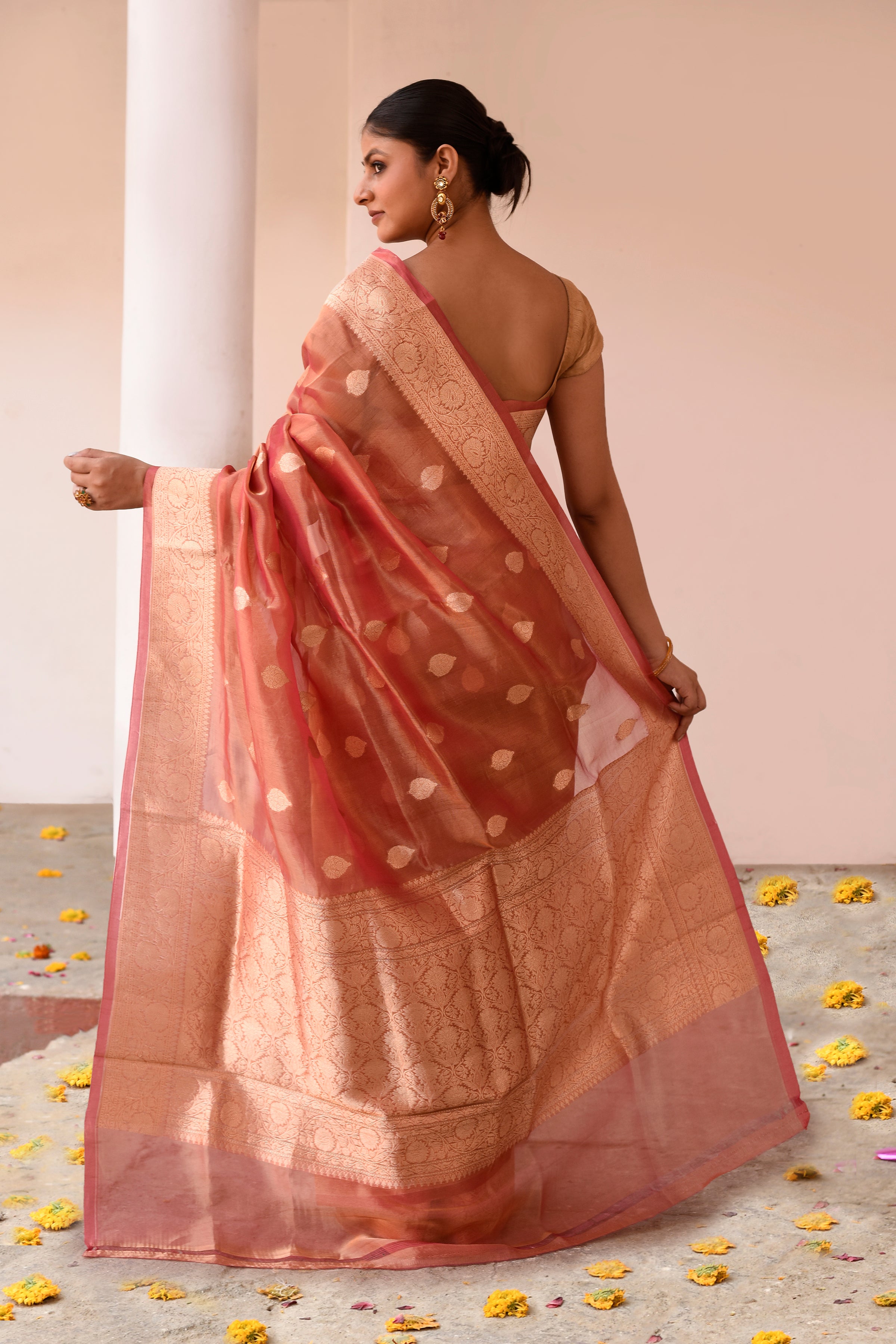 Handwoven Rose Gold Banarasi Kora Tissue Silk Saree