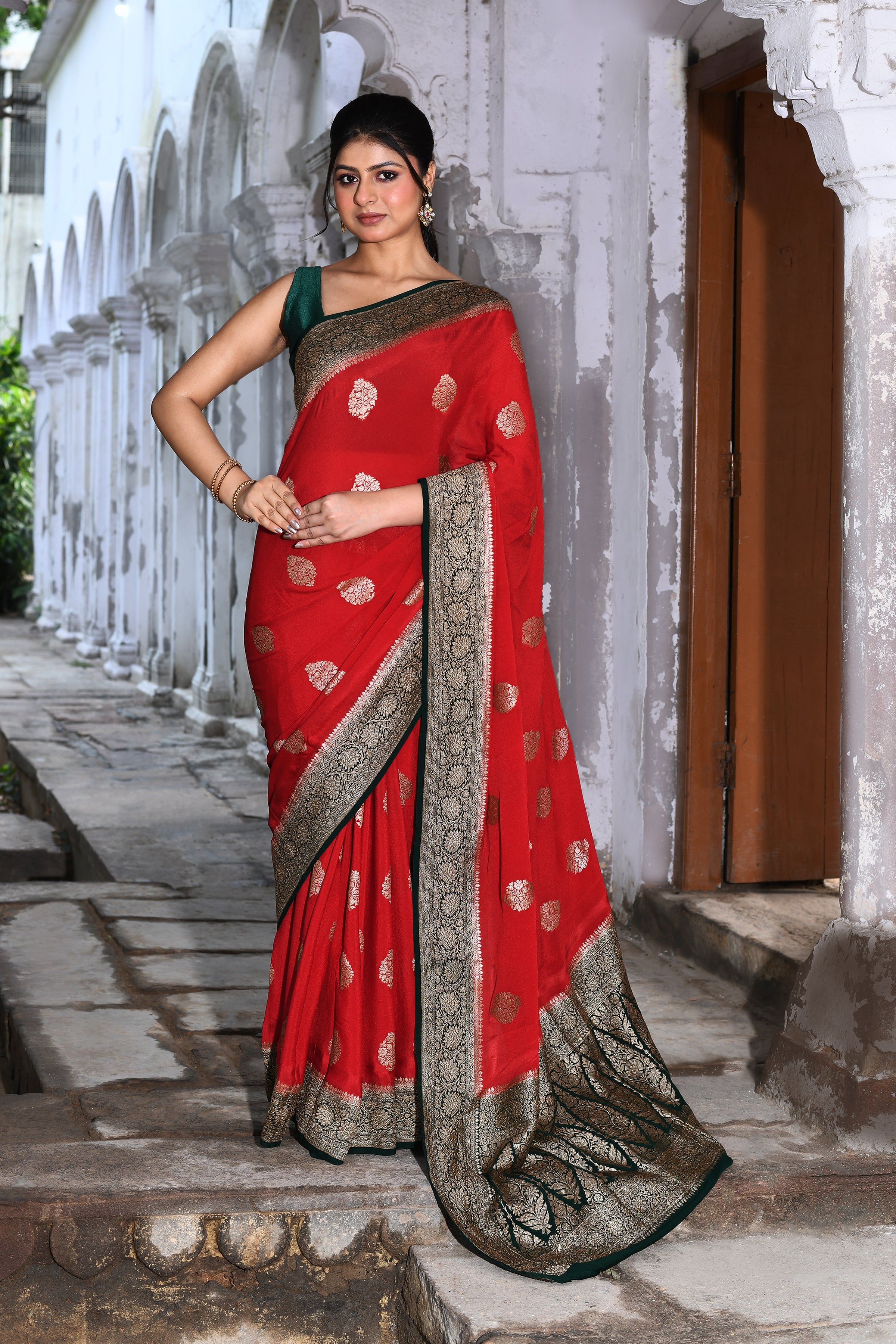 Red Banarasi Crape Chiffon Silk Saree