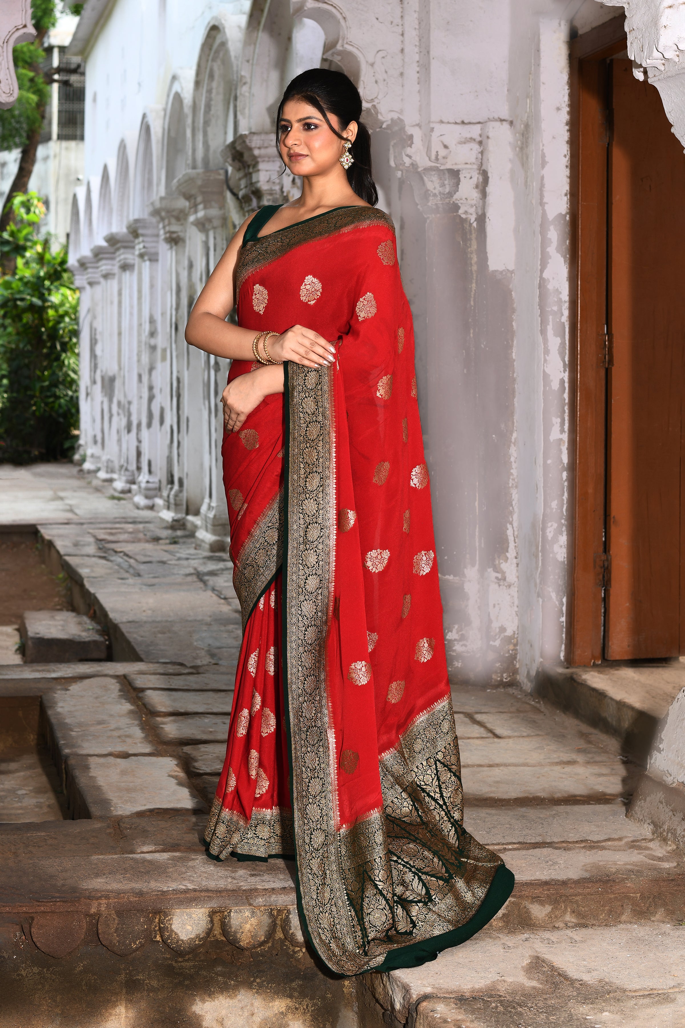 Red Banarasi Crape Chiffon Silk Saree