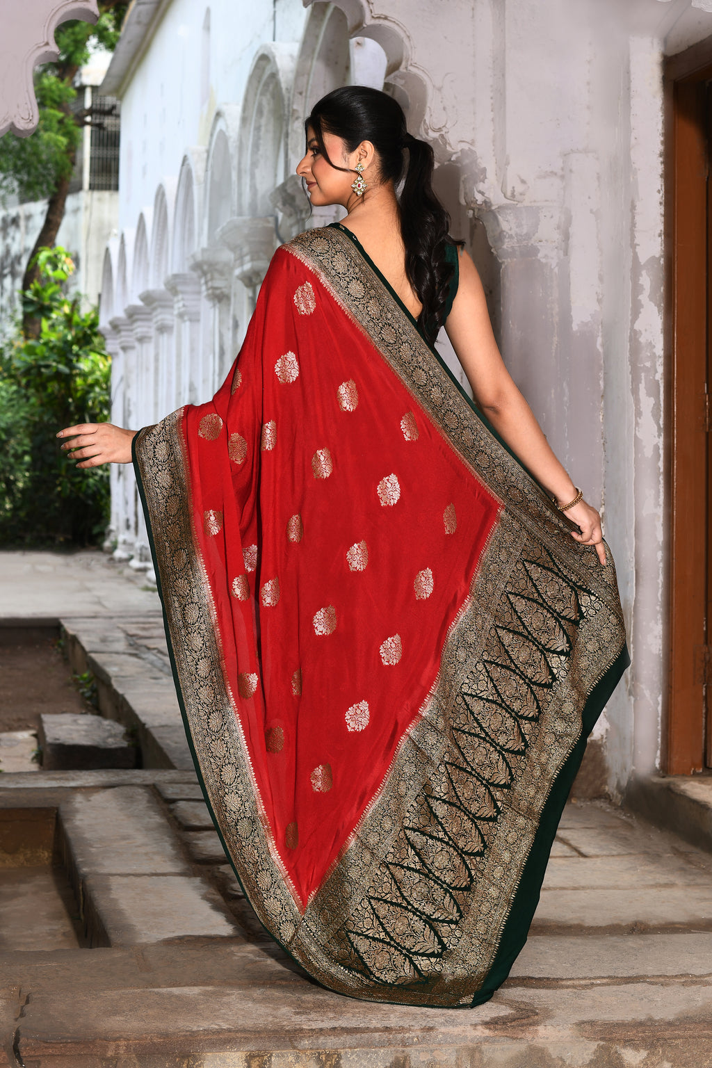 Red Banarasi Crape Chiffon Silk Saree