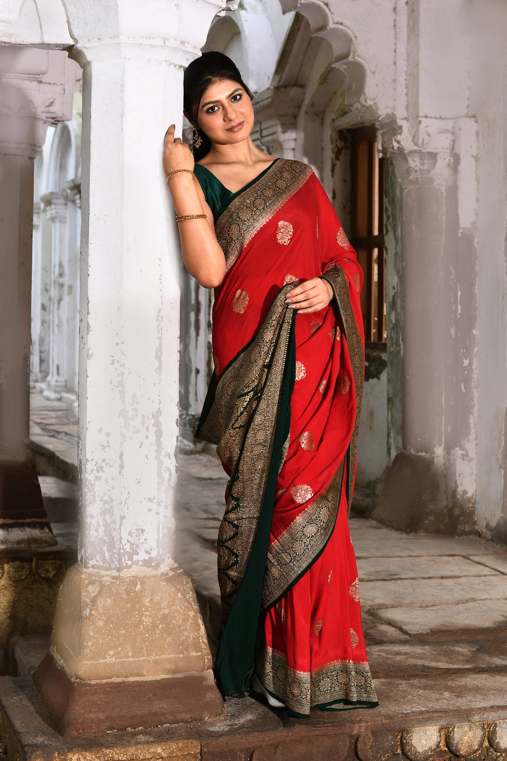 Red Banarasi Crape Chiffon Silk Saree