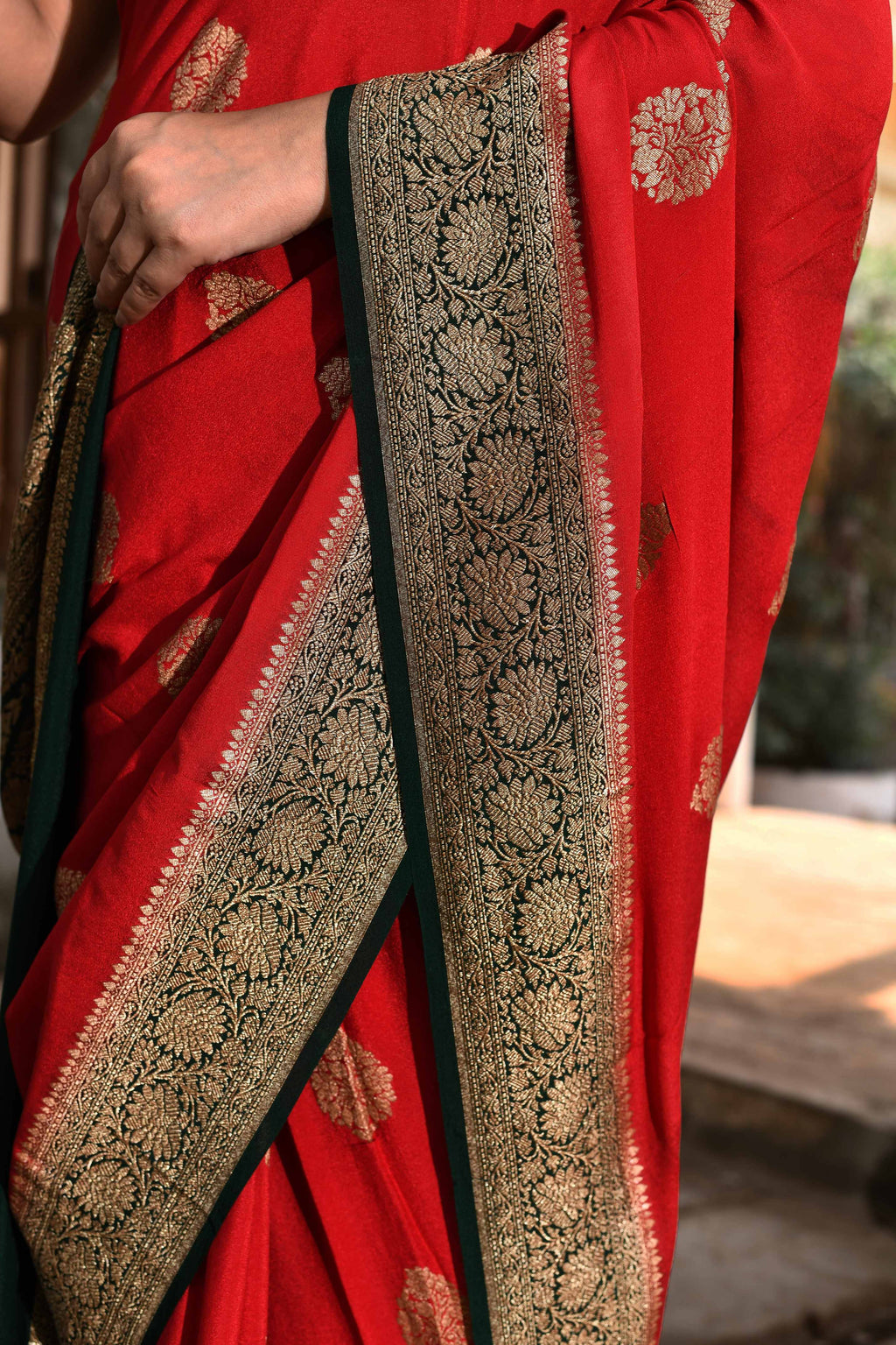 Red Banarasi Crape Chiffon Silk Saree