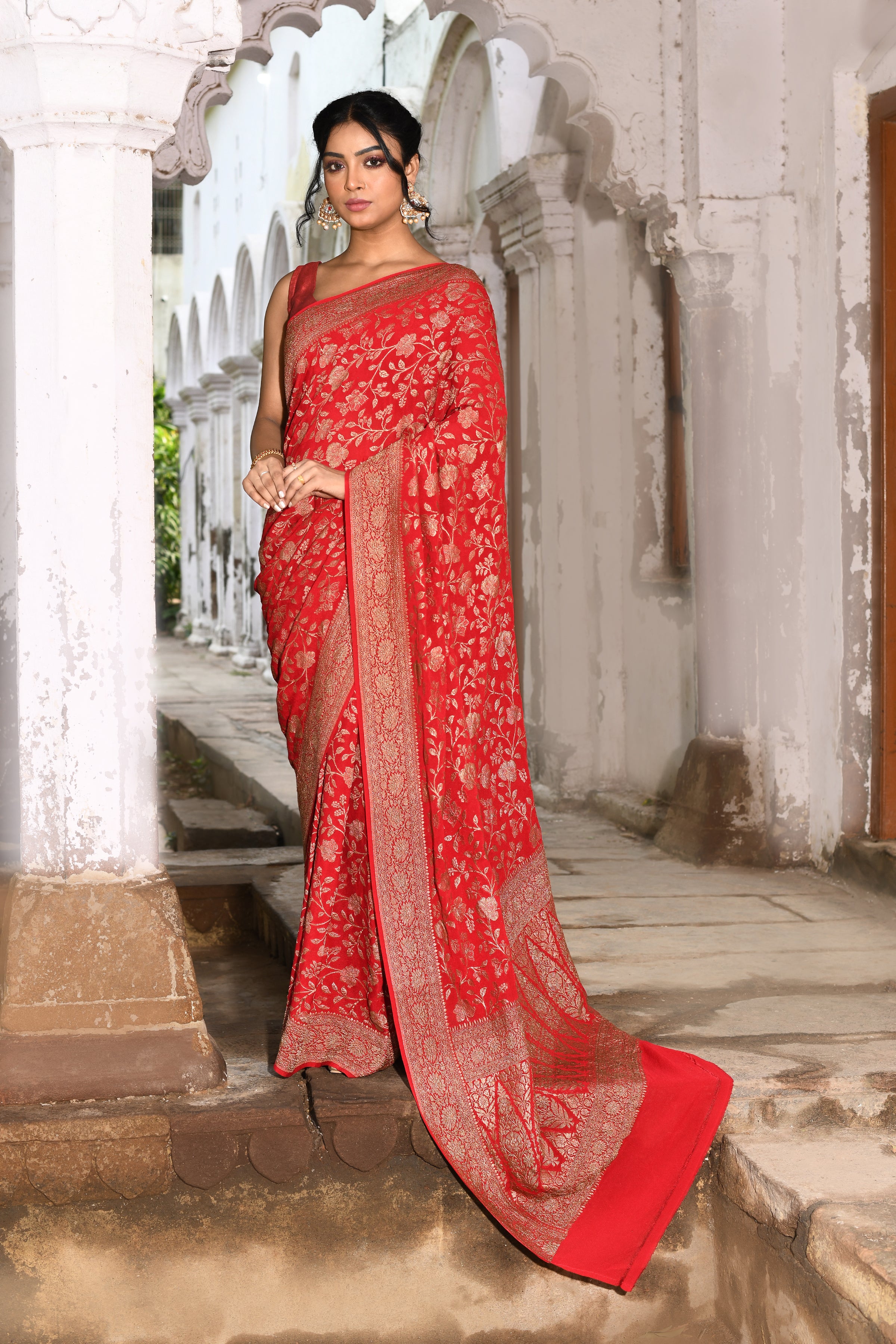 Red Banarasi Jaal Crape Chiffon Silk Saree