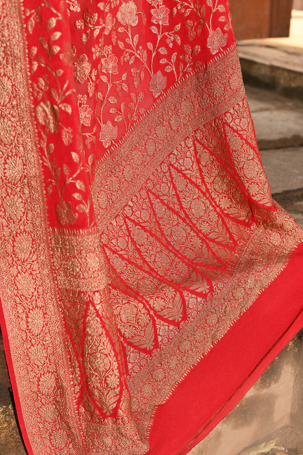 Red Banarasi Jaal Crape Chiffon Silk Saree