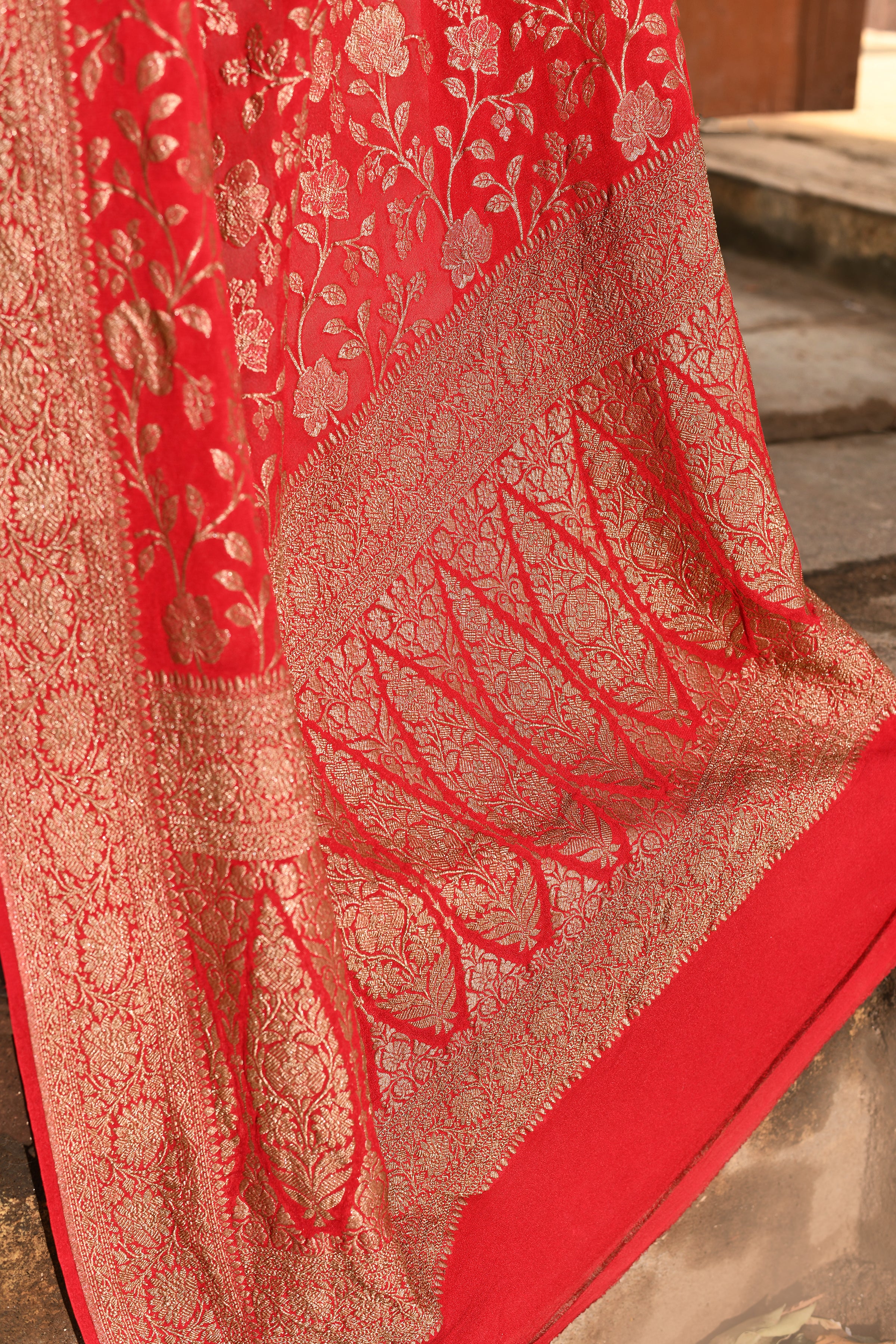 Red Banarasi Jaal Crape Chiffon Silk Saree